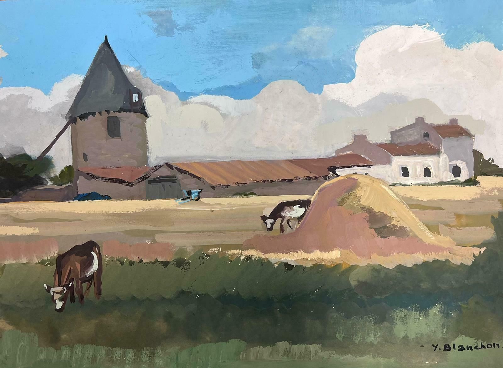 Y Blanchon1950's French Impressionist Painting Cows Munching In Hay Field Landscape 1950's photo Art