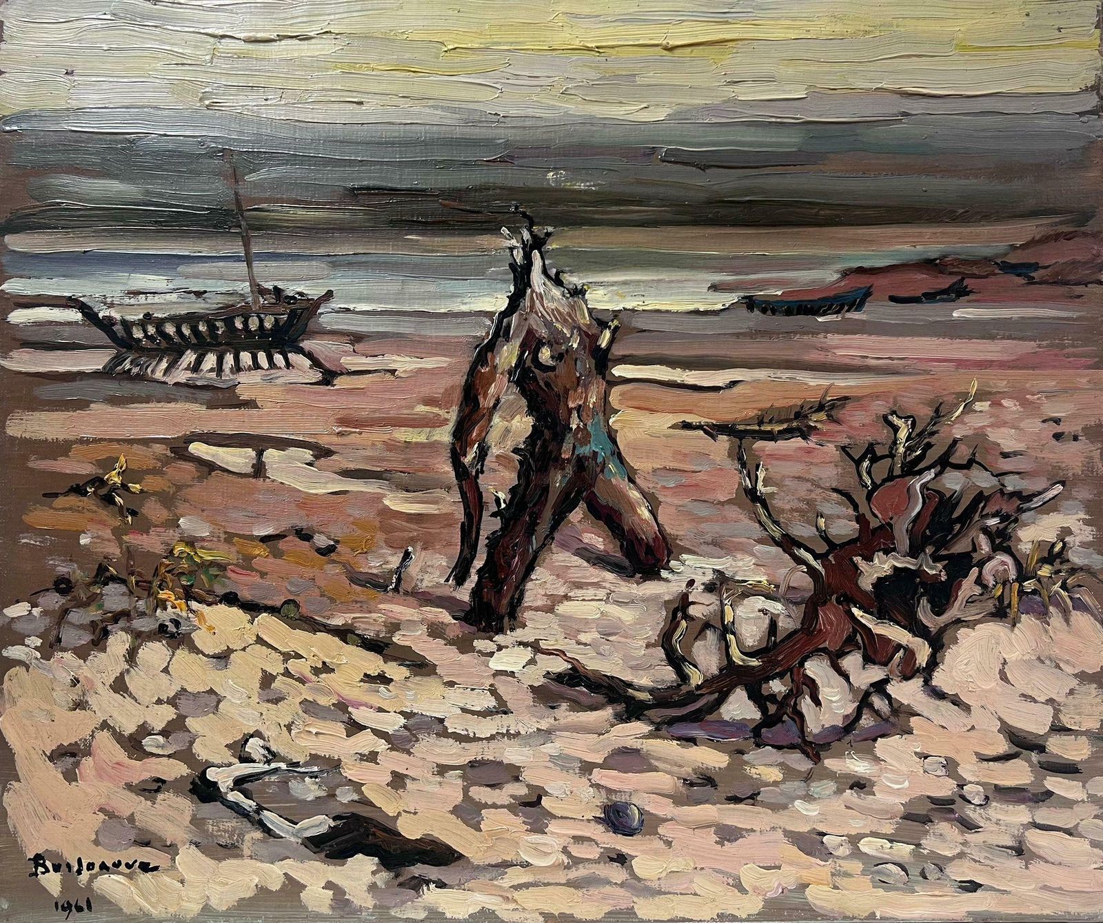 Georges Bordonovecontemporary French Impressionist Oil Drift Wood And Figure On Dark Beach