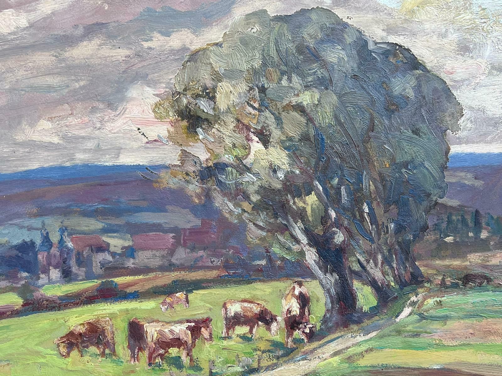 Leon Hatotvintage French Oil Painting Cows Munching On Grass Under Windswept Tree photo 689.0