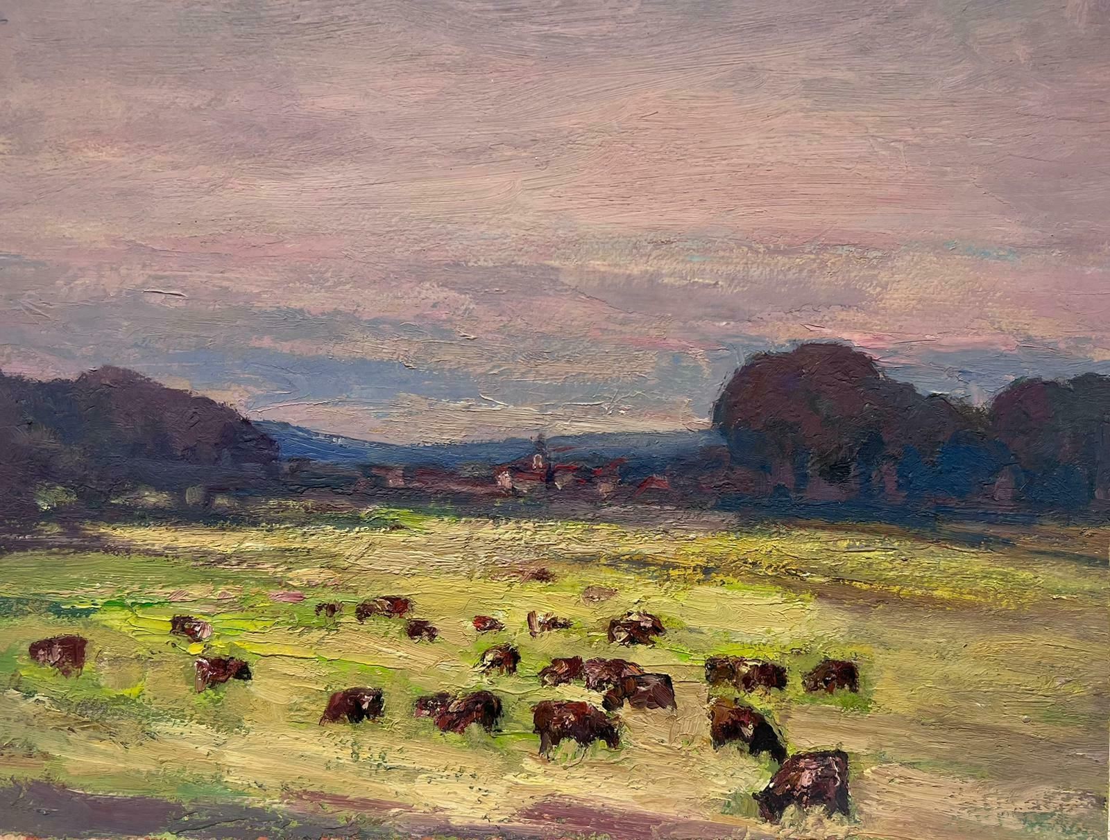 Leon Hatotfrench Oil Painting Of Brown Cows Munching On Yellow Grass Under The Purple Sky