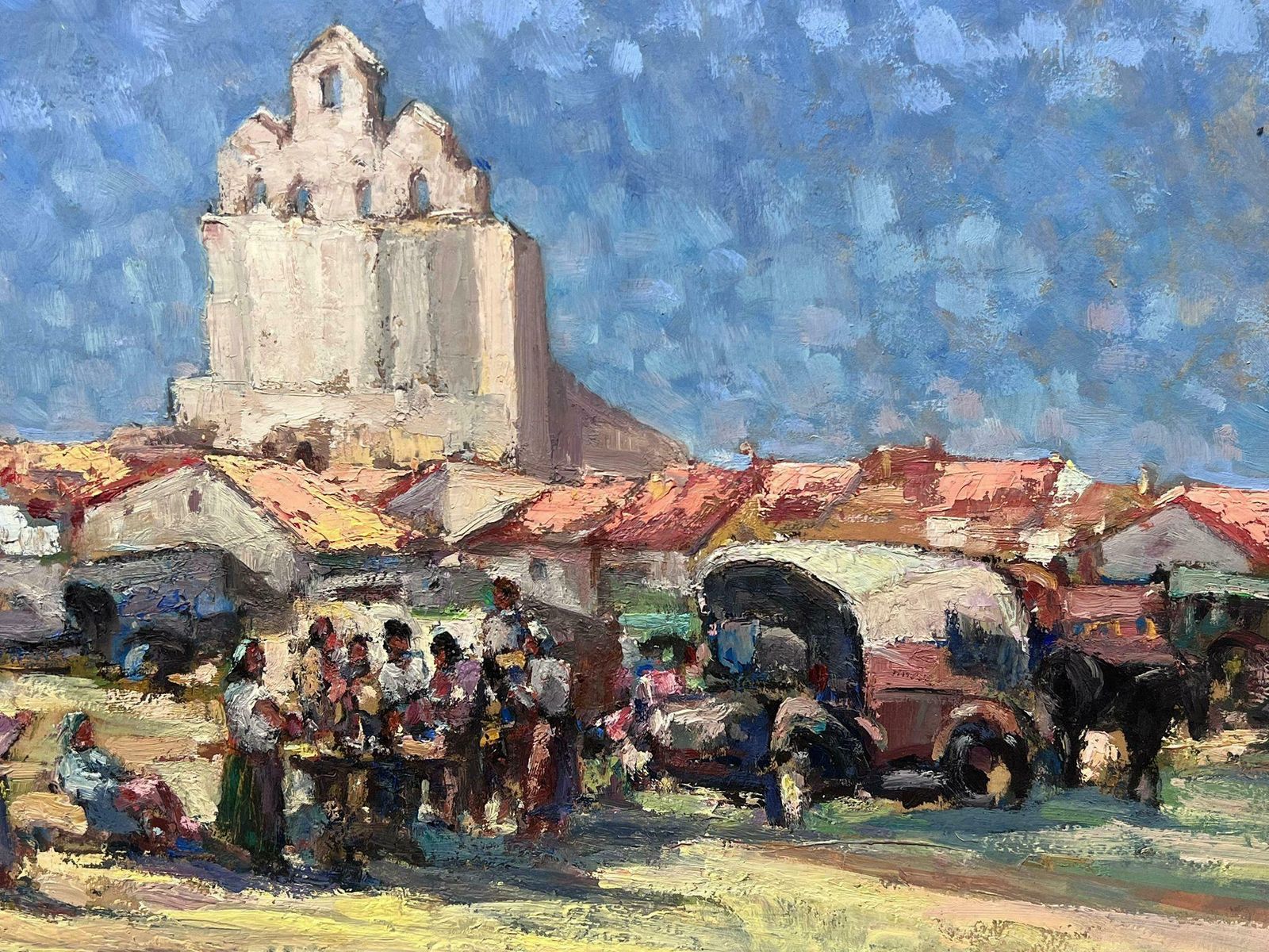 Leon Hatot1930's French Impressionist Signed Oil Figures Crowded Market Summer Skies photo Art