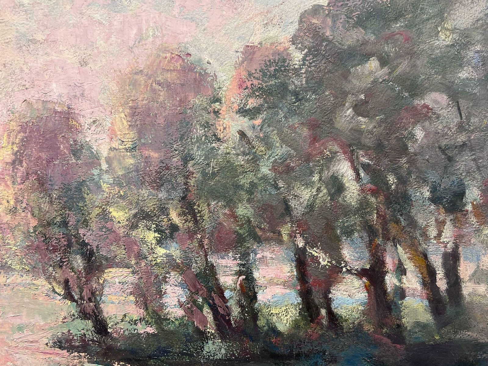 Leon Hatotantique French Impressionist Oil Painting Lady Rowing In Pink Dappled Lake photo 914.0