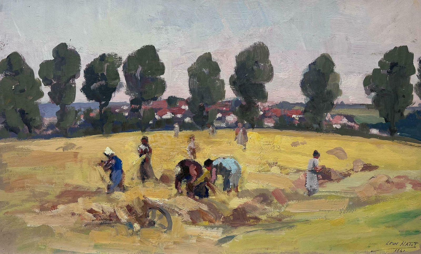 Leon Hatotvintage French Oil Painting Of Harvest Workers In Golden Hay Fields