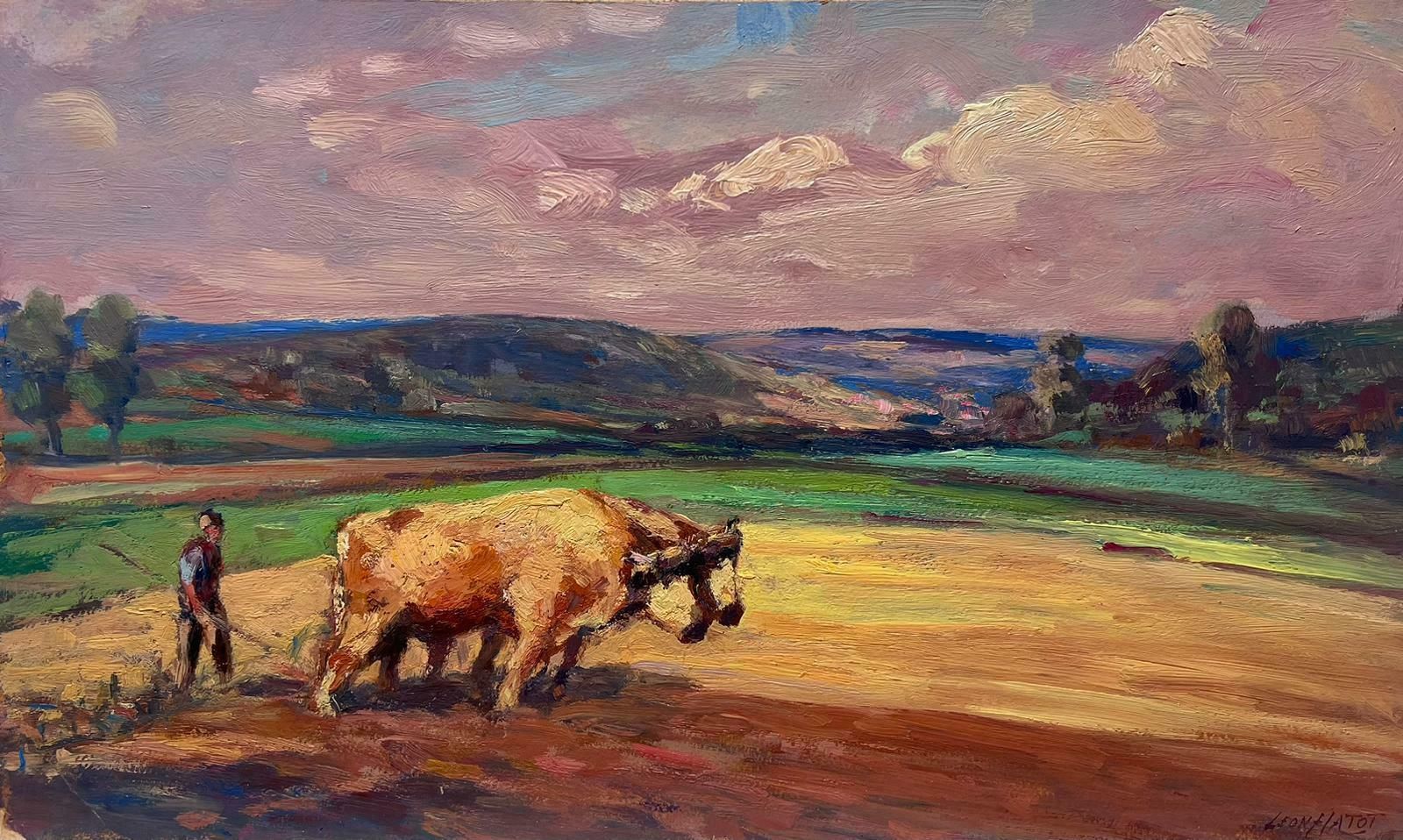 Leon Hatotvintage French Oil Painting Two Cows In Golden Field