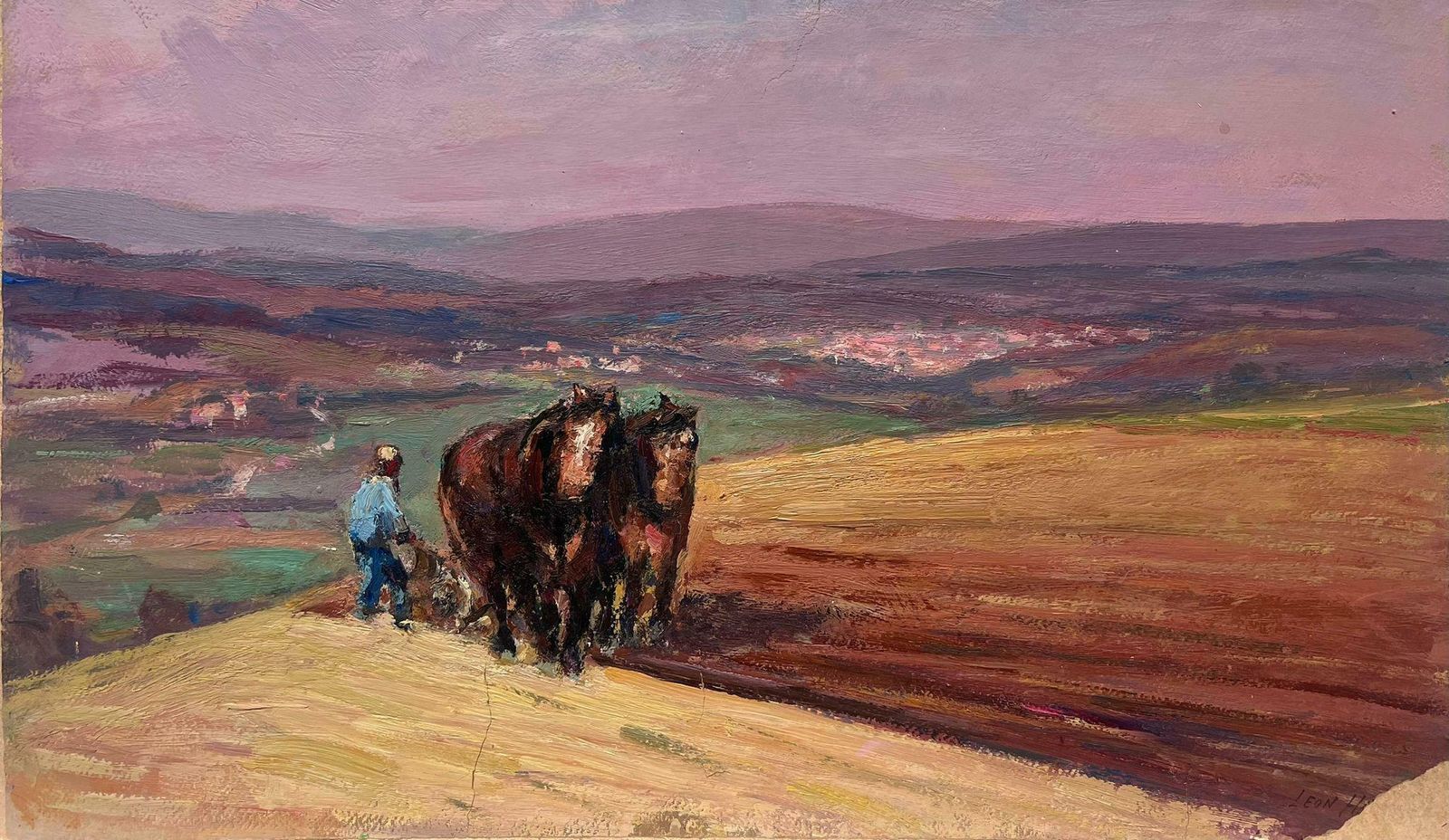 Leon Hatotvintage French Oil Painting Brown Horses In Field Under Purple Sunrise