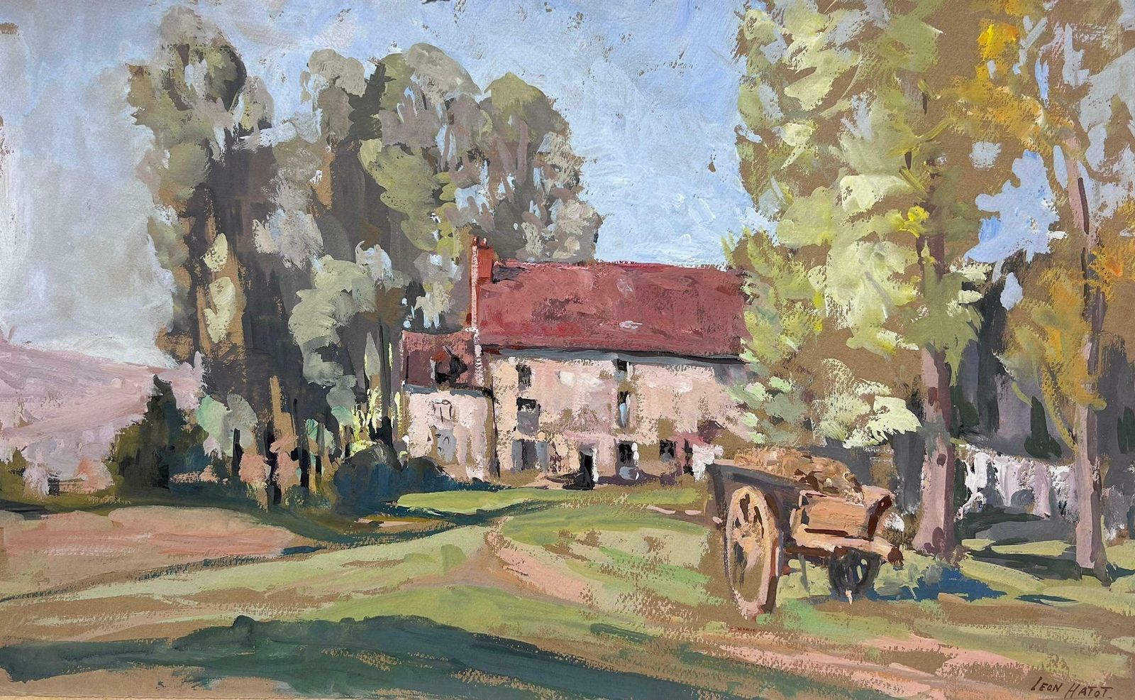 Leon Hatotvintage French Oil Painting Hay Kart Outside Country Home