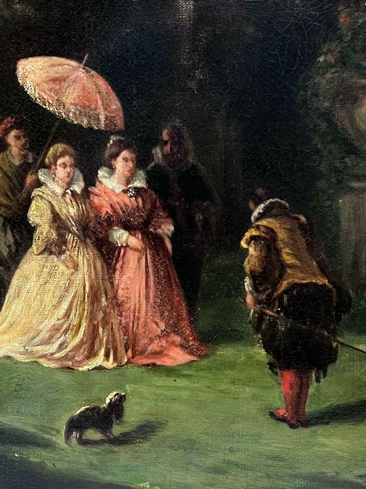 1800's French Oilcourtier Presenting Himself To Elegant French Ladies In Rococo Parkland, 1800's C. 1800 photo for sale