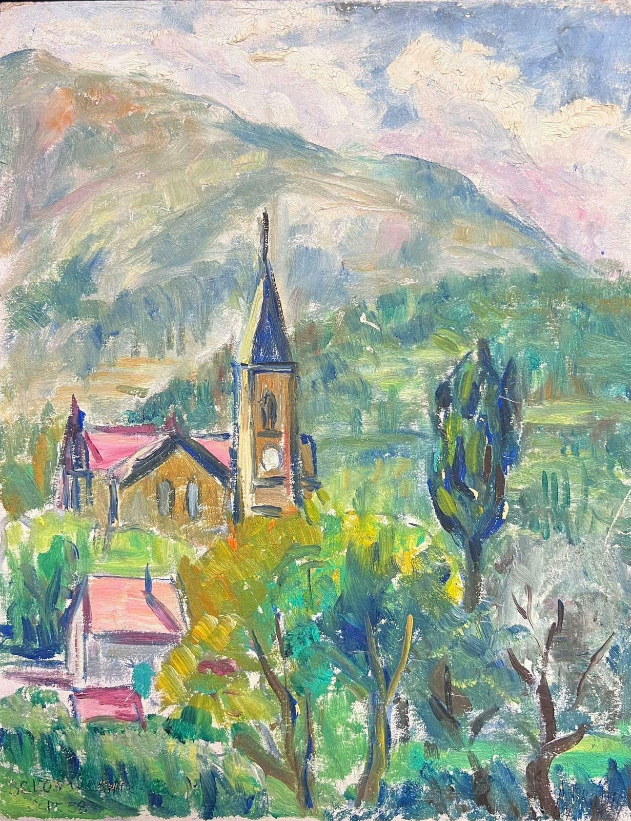 Regine David1950's French Bright Village Church Among The Hills Post Impressionist Oil 1950's