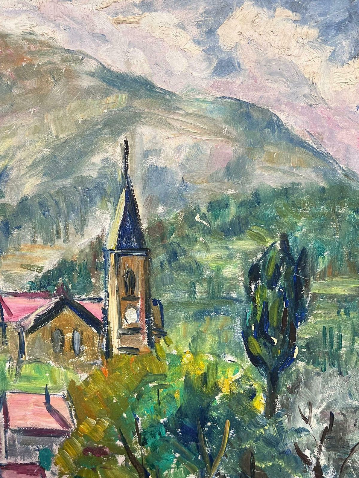 Regine David1950's French Bright Village Church Among The Hills Post Impressionist Oil 1950's photo Art