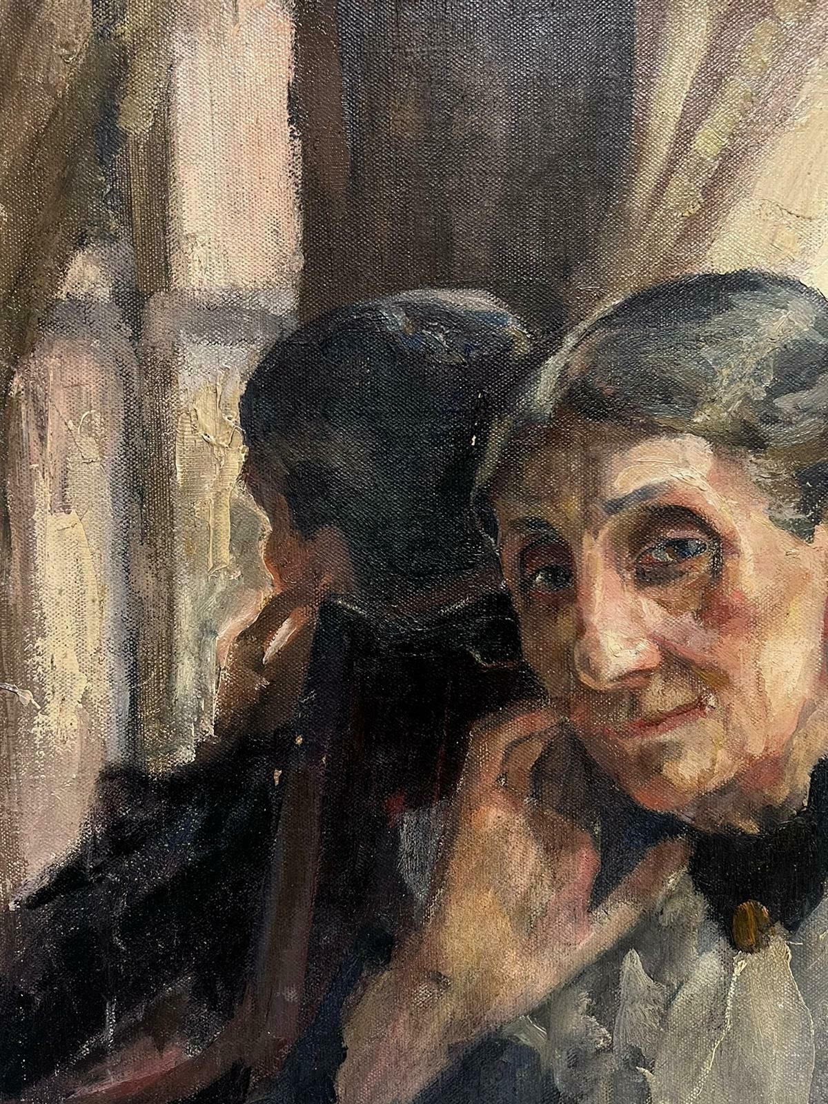 French School1900's French Impressionist Oil Painting Portrait Of Elderly Lady In Mirror1900 photo furniture