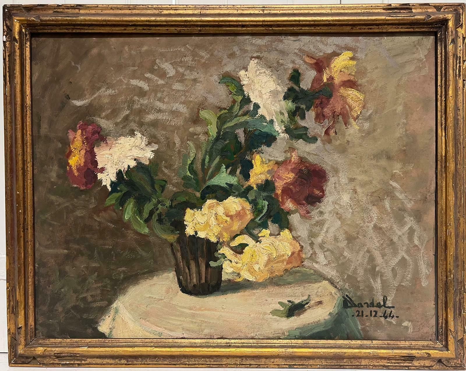 Denise Dardel1940's French Post Impressionist Signed Oil Flowers In Vase Period Gilt Frame1944 photo furniture