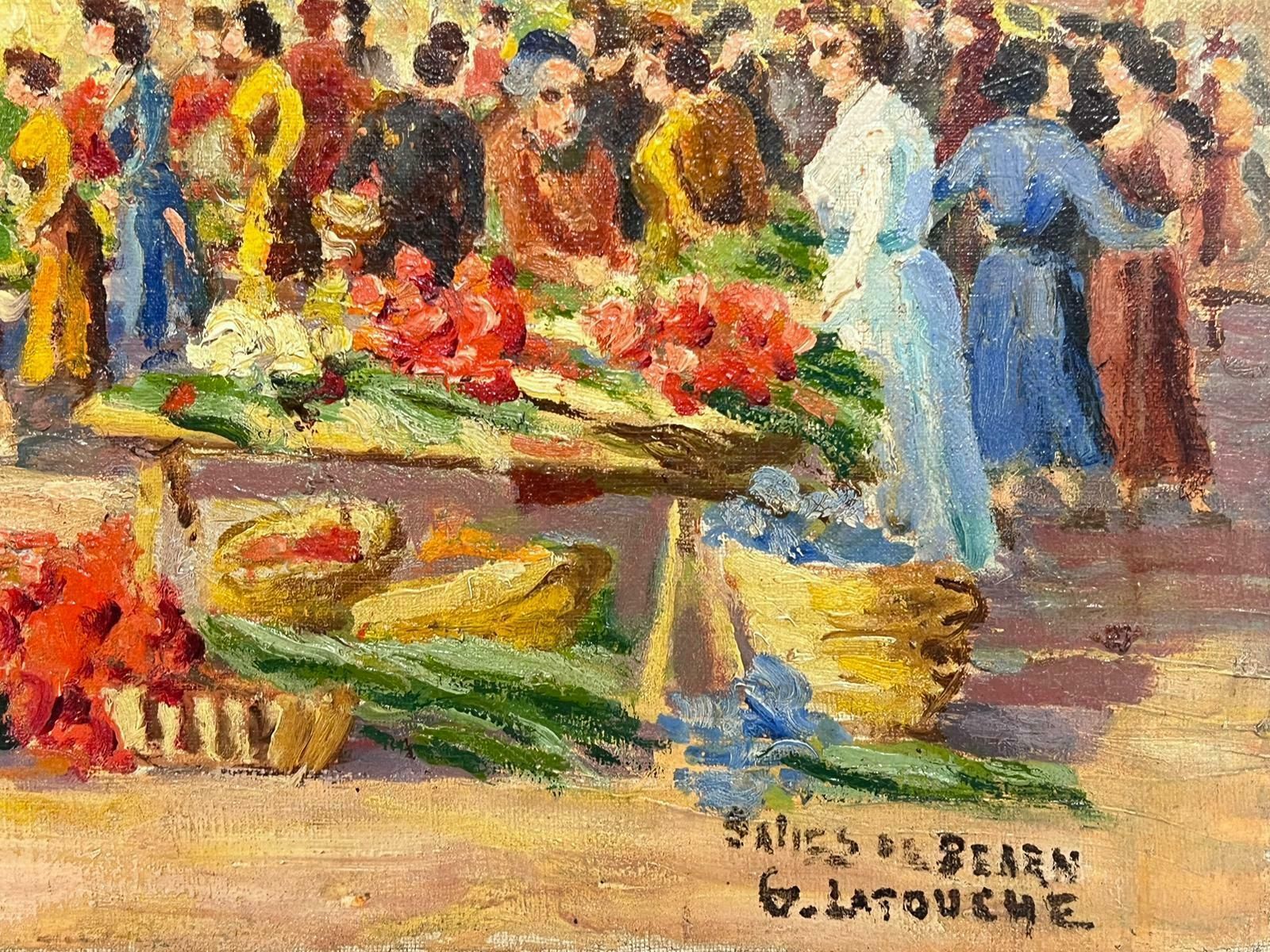 French School1950's French Signed Oil Busy Fruit & Veg Market Town Square With Figures photo for sale