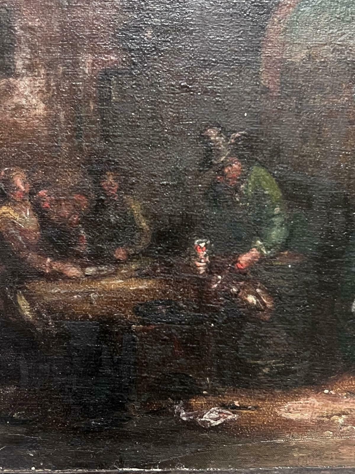 French School18th Century French Oil Painting Tavern Scene Interior Merry Making Figures photo for sale