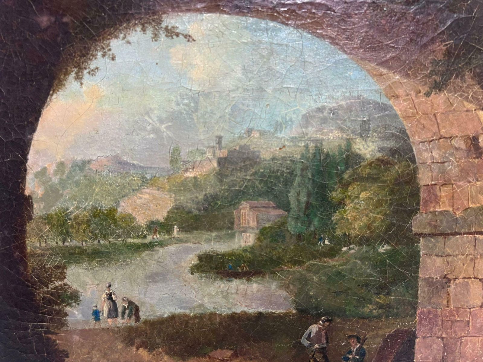18th Century Italian Schoolantique Italian Grand Tour Oil Painting Figures In Arcadian Landscape photo Art