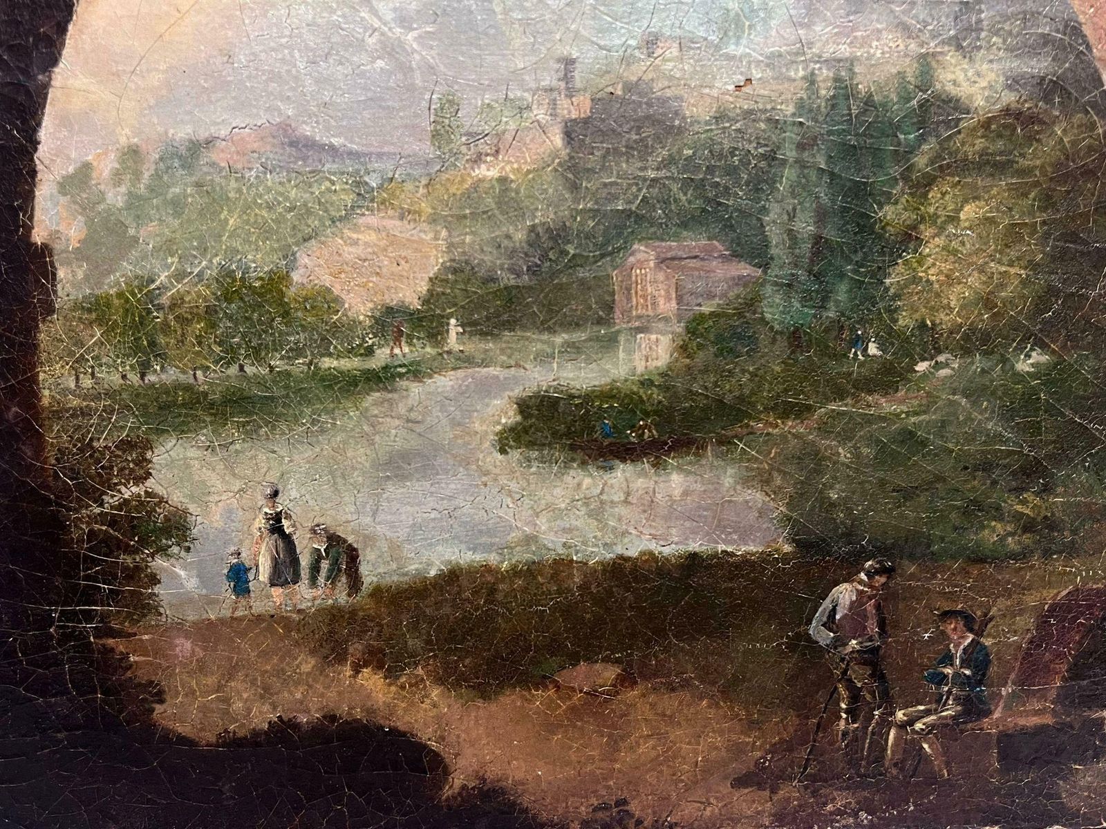 18th Century Italian Schoolantique Italian Grand Tour Oil Painting Figures In Arcadian Landscape photo 1302.0
