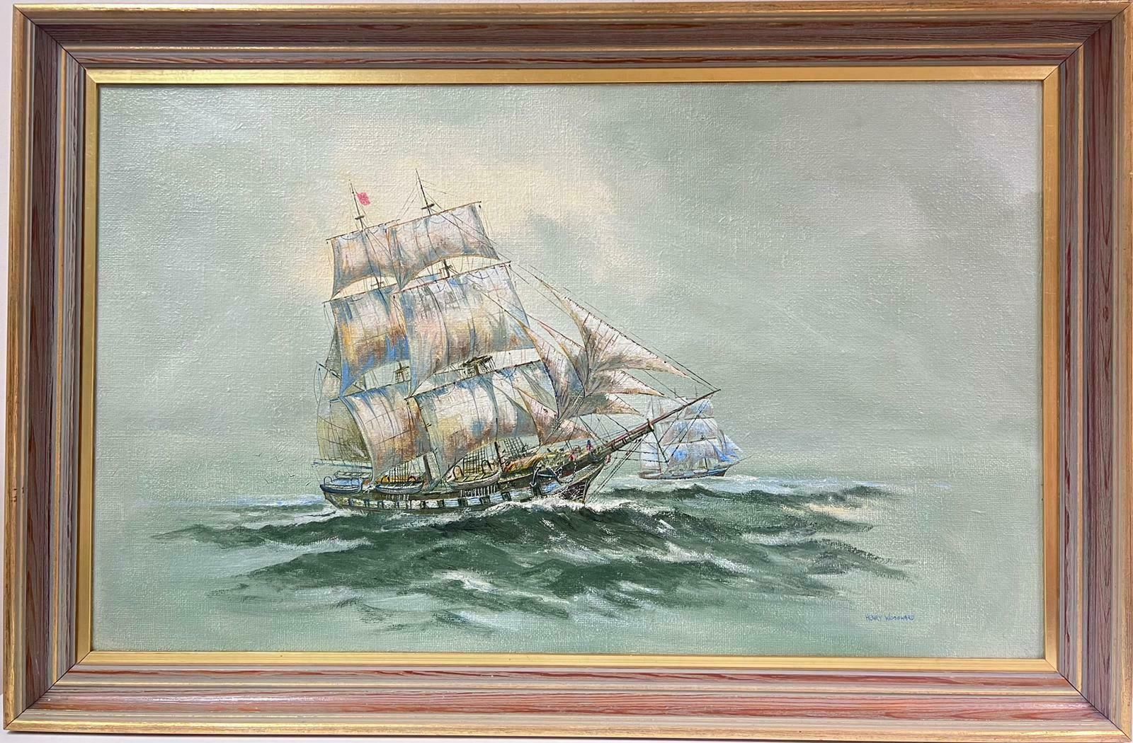 Henry Woodwardlarge British Marine Oil Painting Old Whaling Ships On High Seas, Signed Canvas