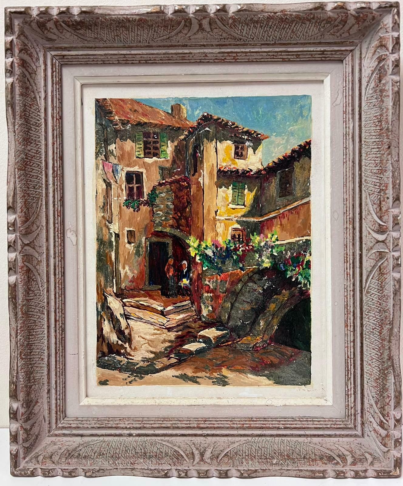 French Schoolprovence Cottages 1950's French Impressionist Vintage Oil Painting Sunny Street photo furniture