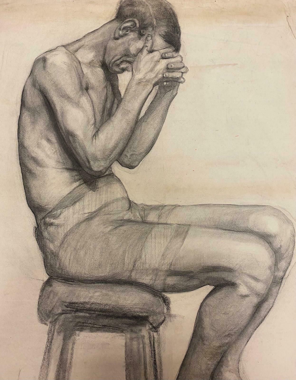Jeanne Nachat1900s Original French Atelier Life Drawing Posed Man Head In Hands1900s photo furniture