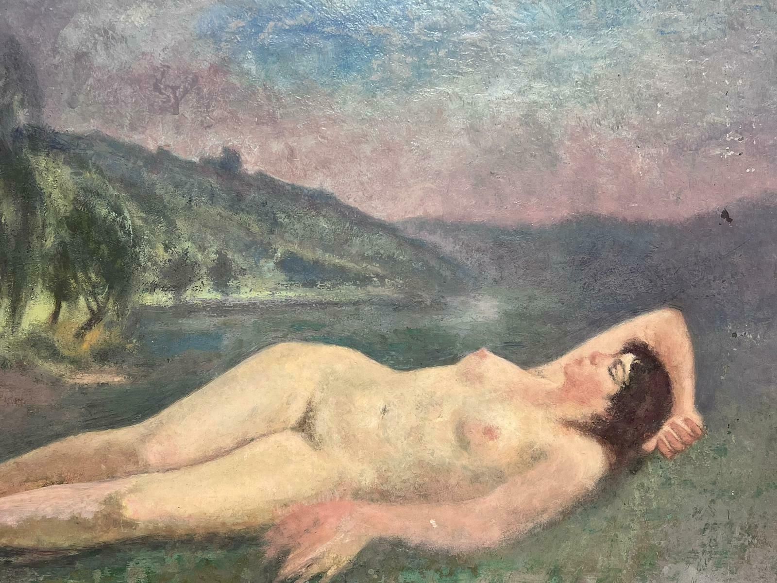 French School1930's French Post Impressionist Oil Painting Nude Lady Reclining In Meadow photo furniture