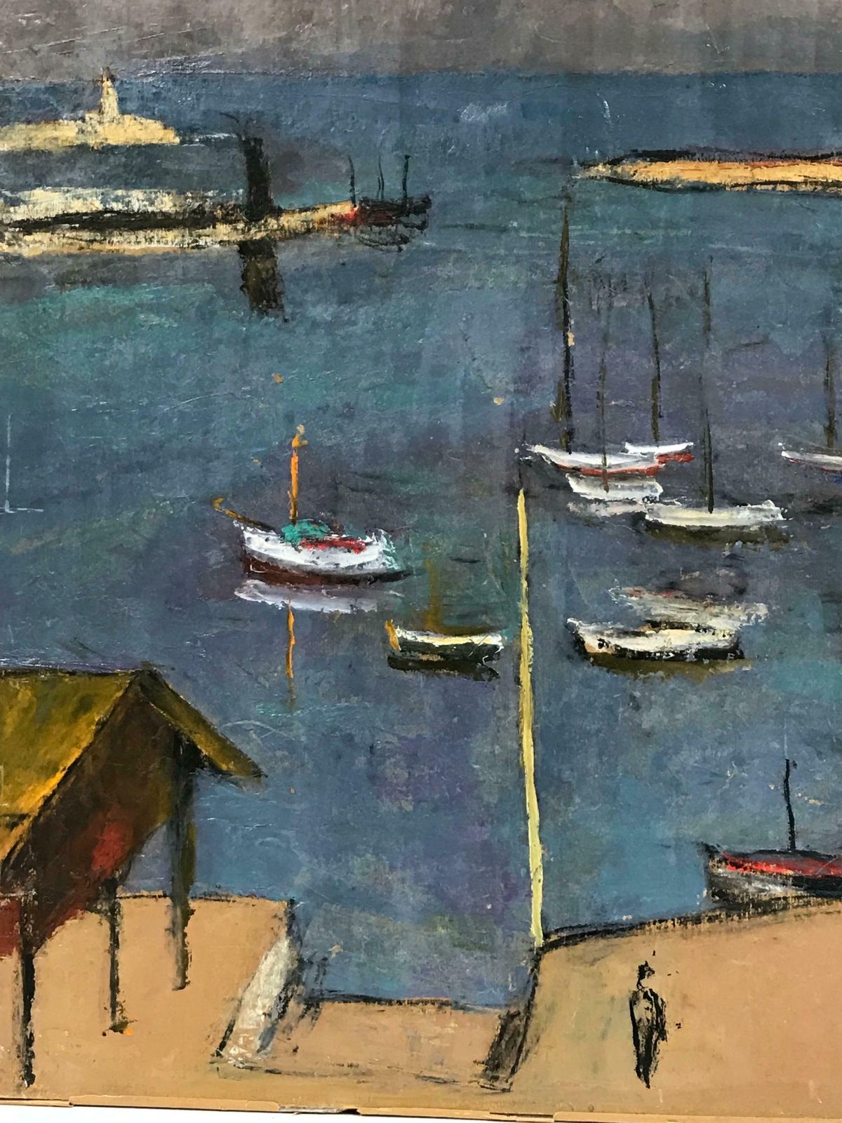 Rene Bellangerlarge 1960's French Modernist Oil Boats In Blue Harbour, Salon Des Independants photo Art