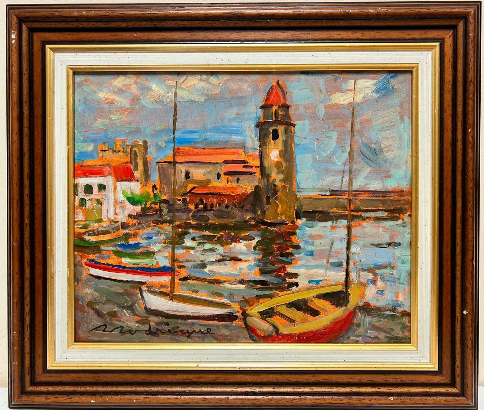 20th Century French Schoolsigned French Post Impressionist Oil Collioure Harbor Fishing Boats France photo furniture