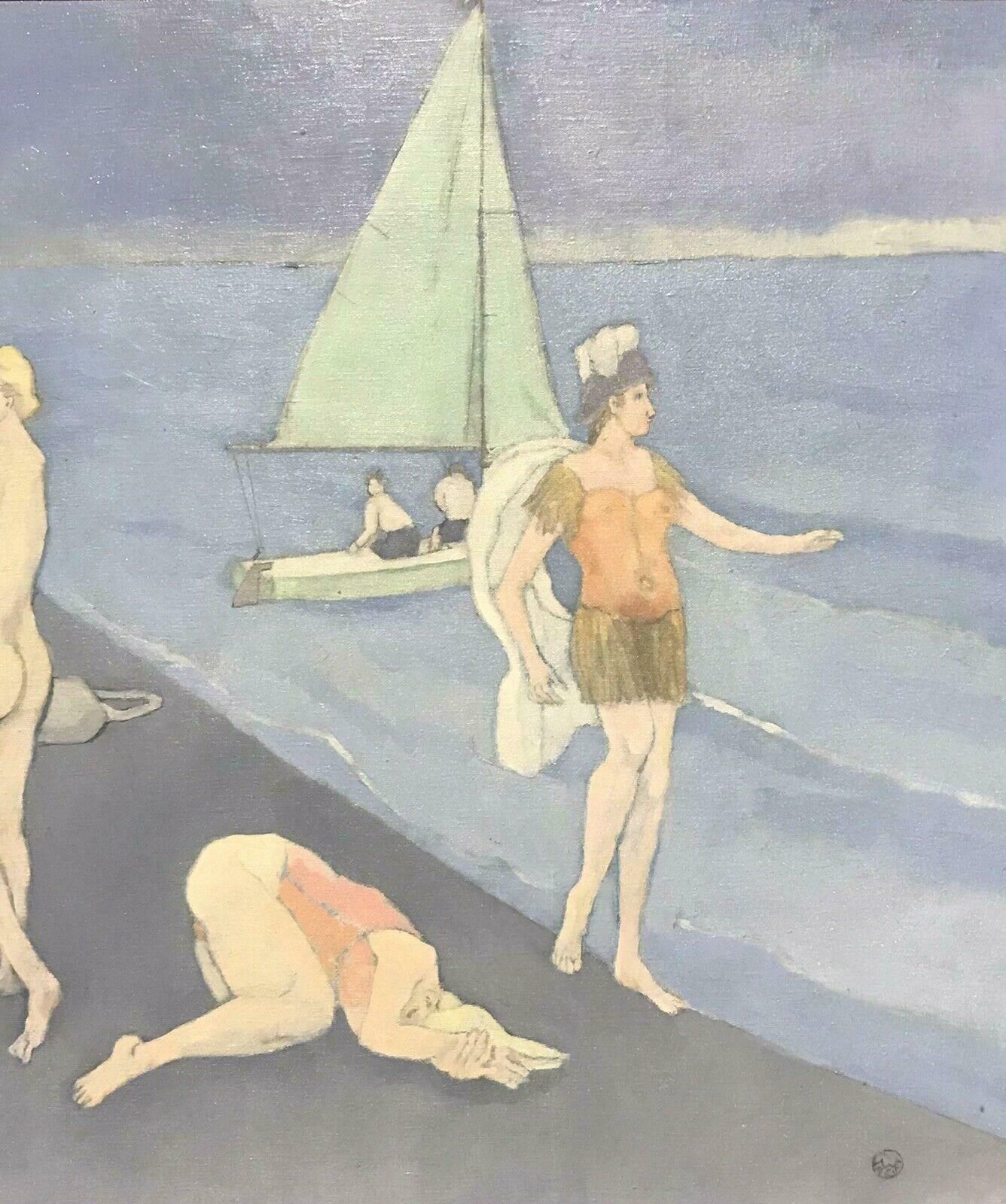 Unknownlarge 20th Century Surrealist Oil Male & Female With Swans   Sailing Boatsc. 1980's photo 1527.0