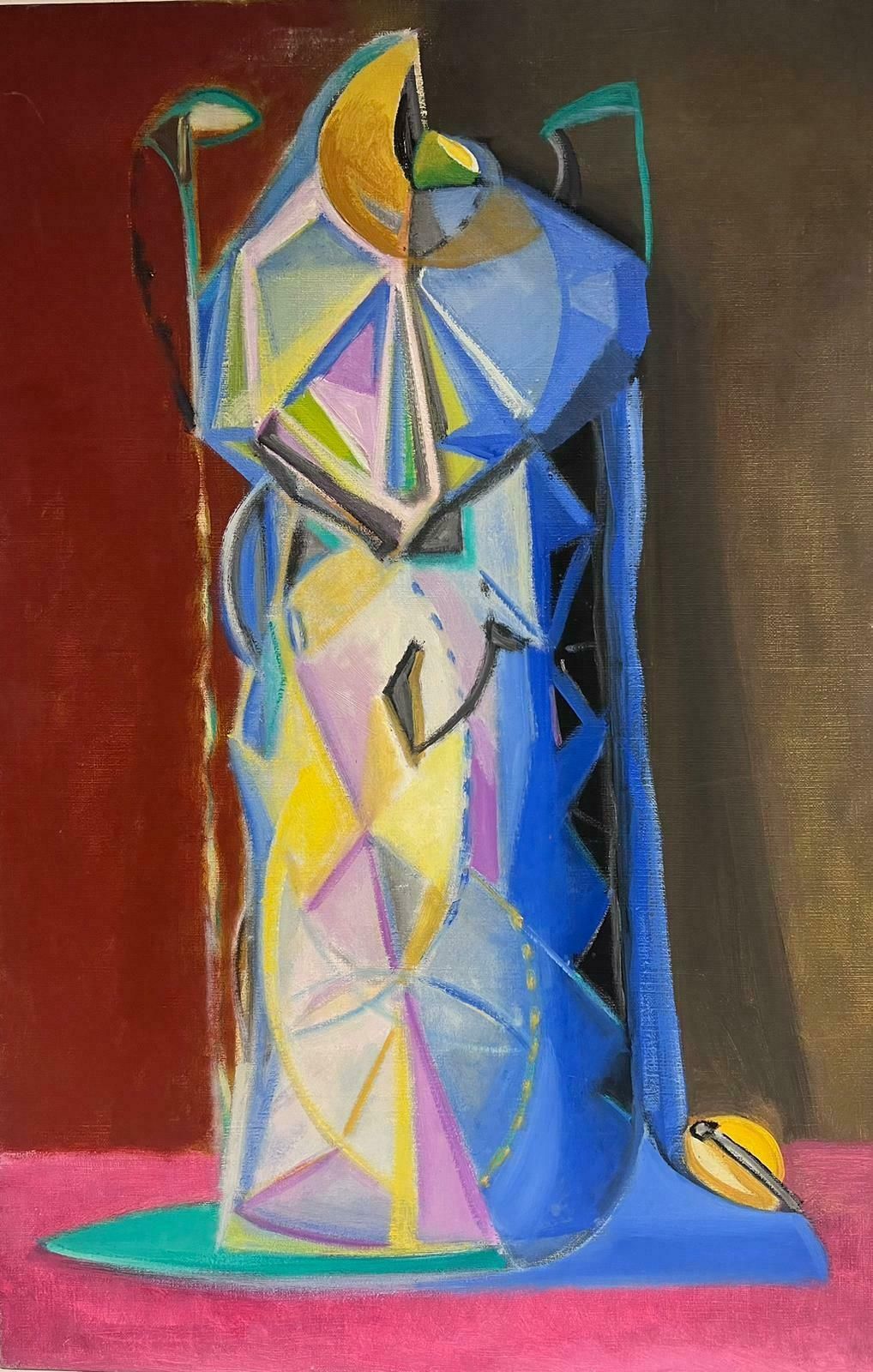 T. Fabris1970’s French Surrealist Signed Oil Painting   Pink Red Abstract Pierrot Figure1970's