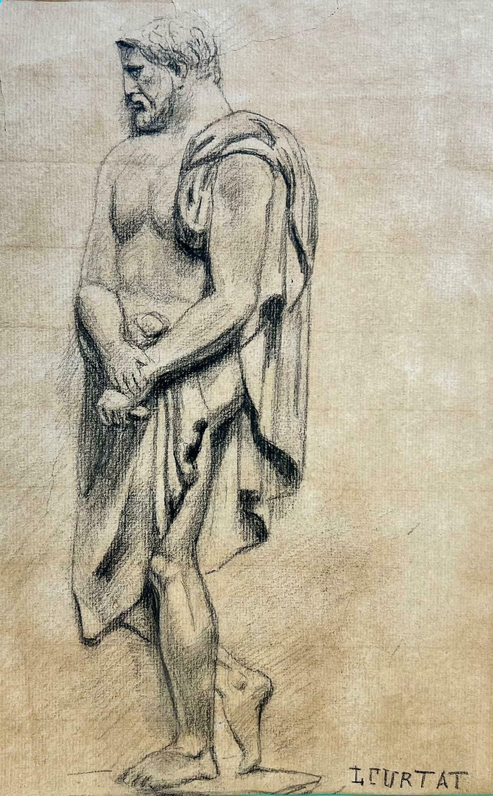 French Schoolclassical Roman Nude Man Draped In Robes, Signed French Drawing