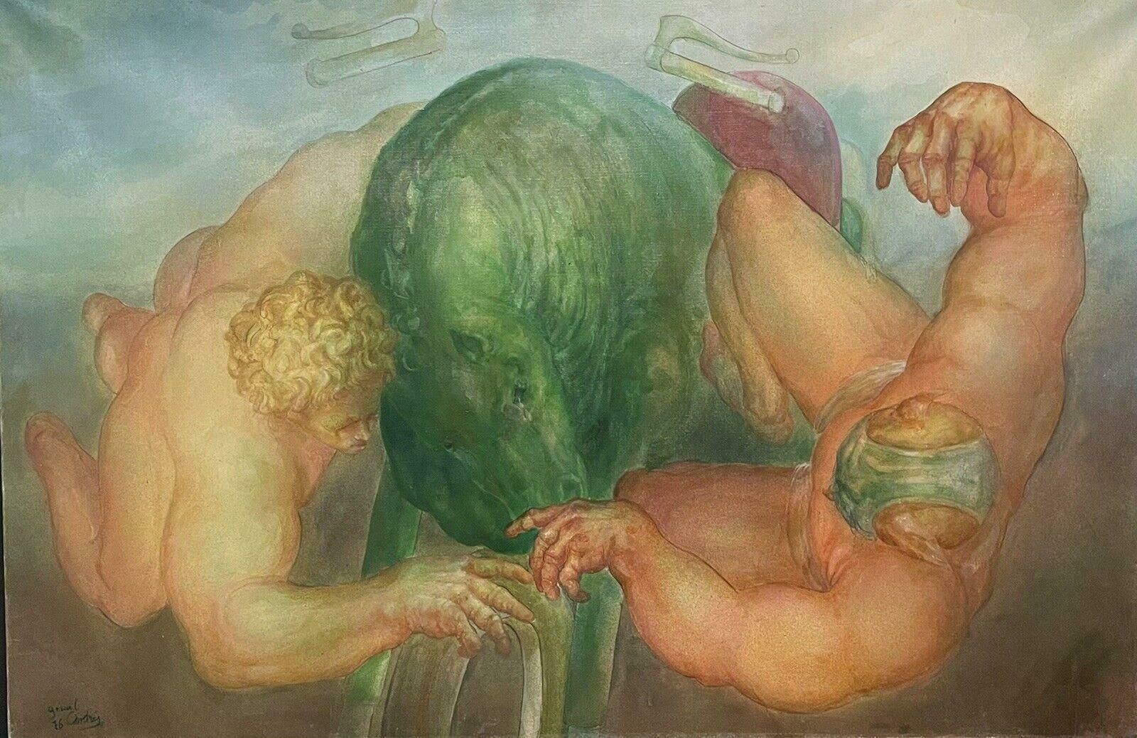 Unknownhuge French Surrealist Oil Painting Wrestling Nude Men Floating In Sky, 1970's1970's