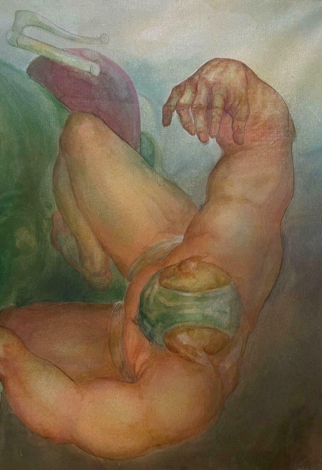 Unknownhuge French Surrealist Oil Painting Wrestling Nude Men Floating In Sky, 1970's1970's photo Art
