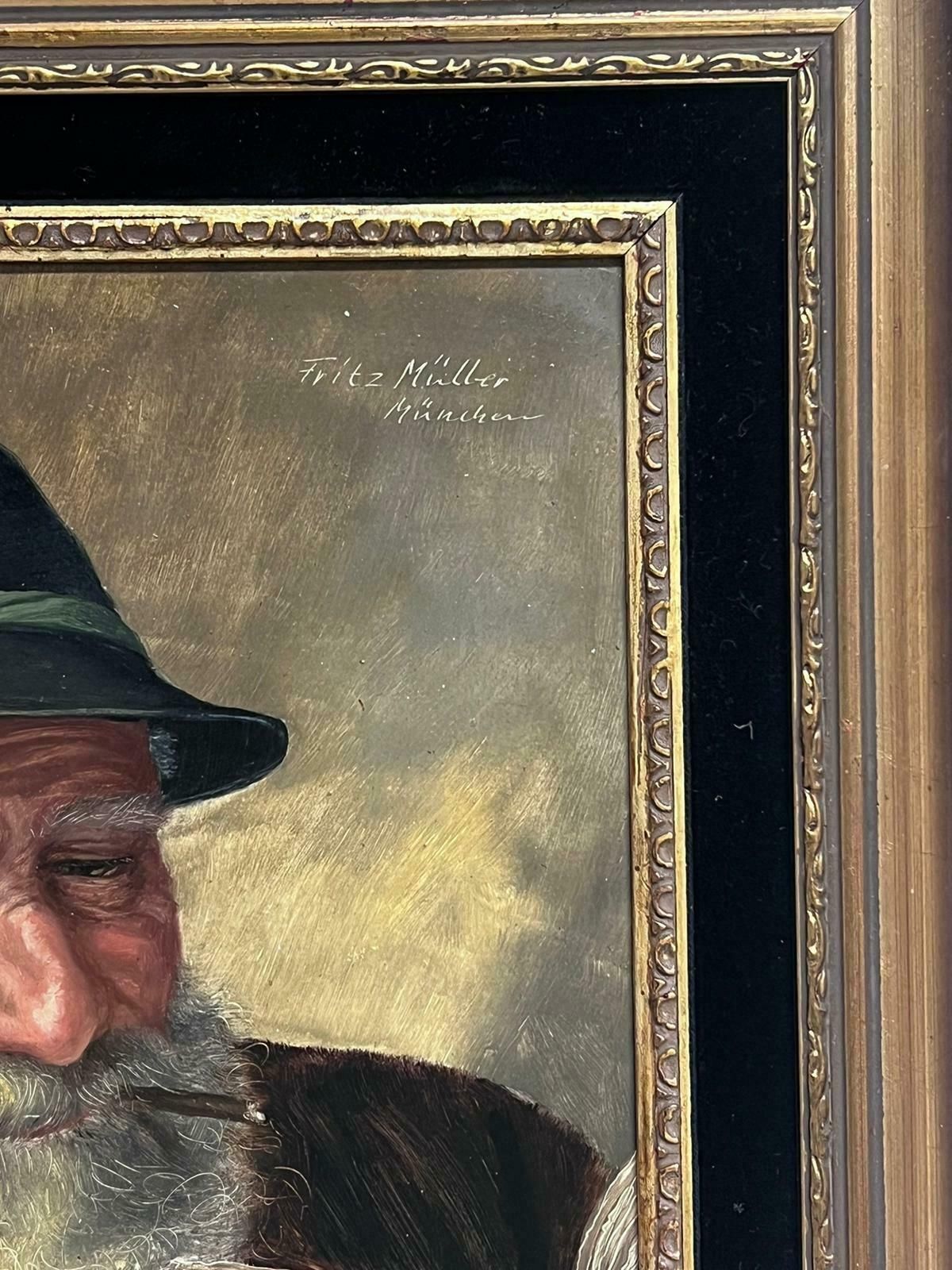 Fritz Mullerfine German Portrait Of Elderly Man With Beard Enjoying A Smoke And Reading Book photo for sale