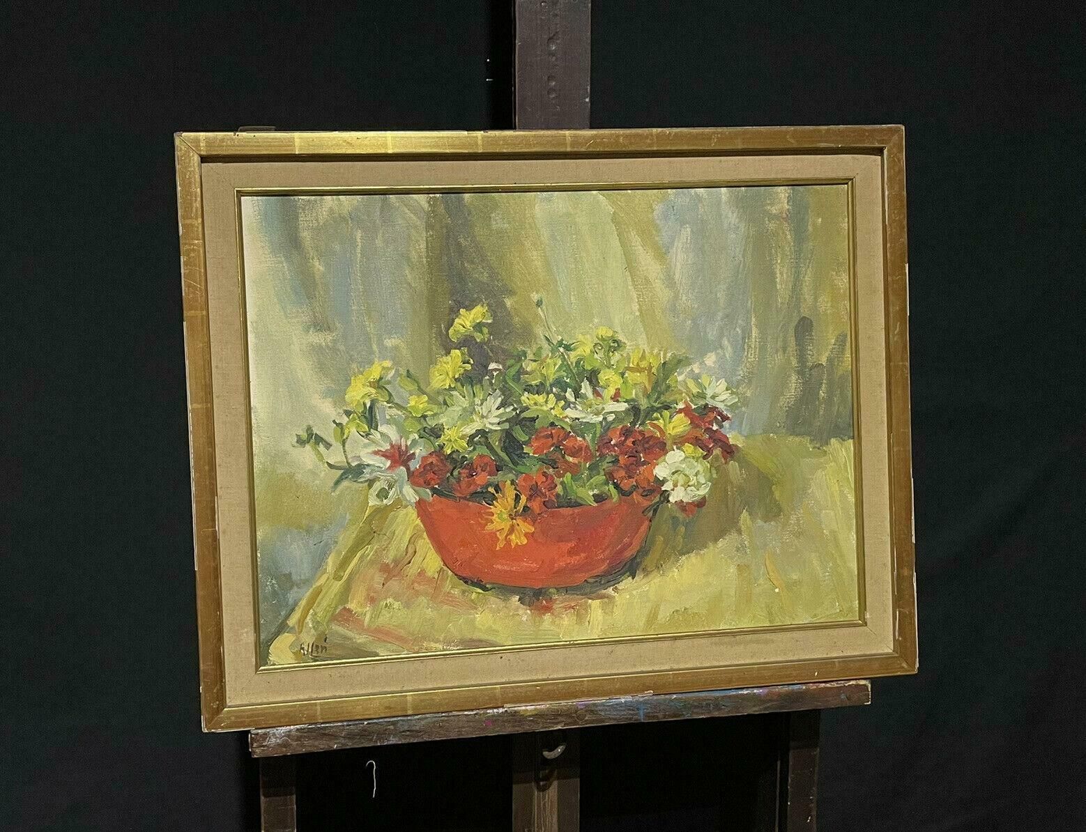 British Mid 20th Centurylarge Mid 20th Century Signed Oil Painting Still Life Flowers In Interior photo Art