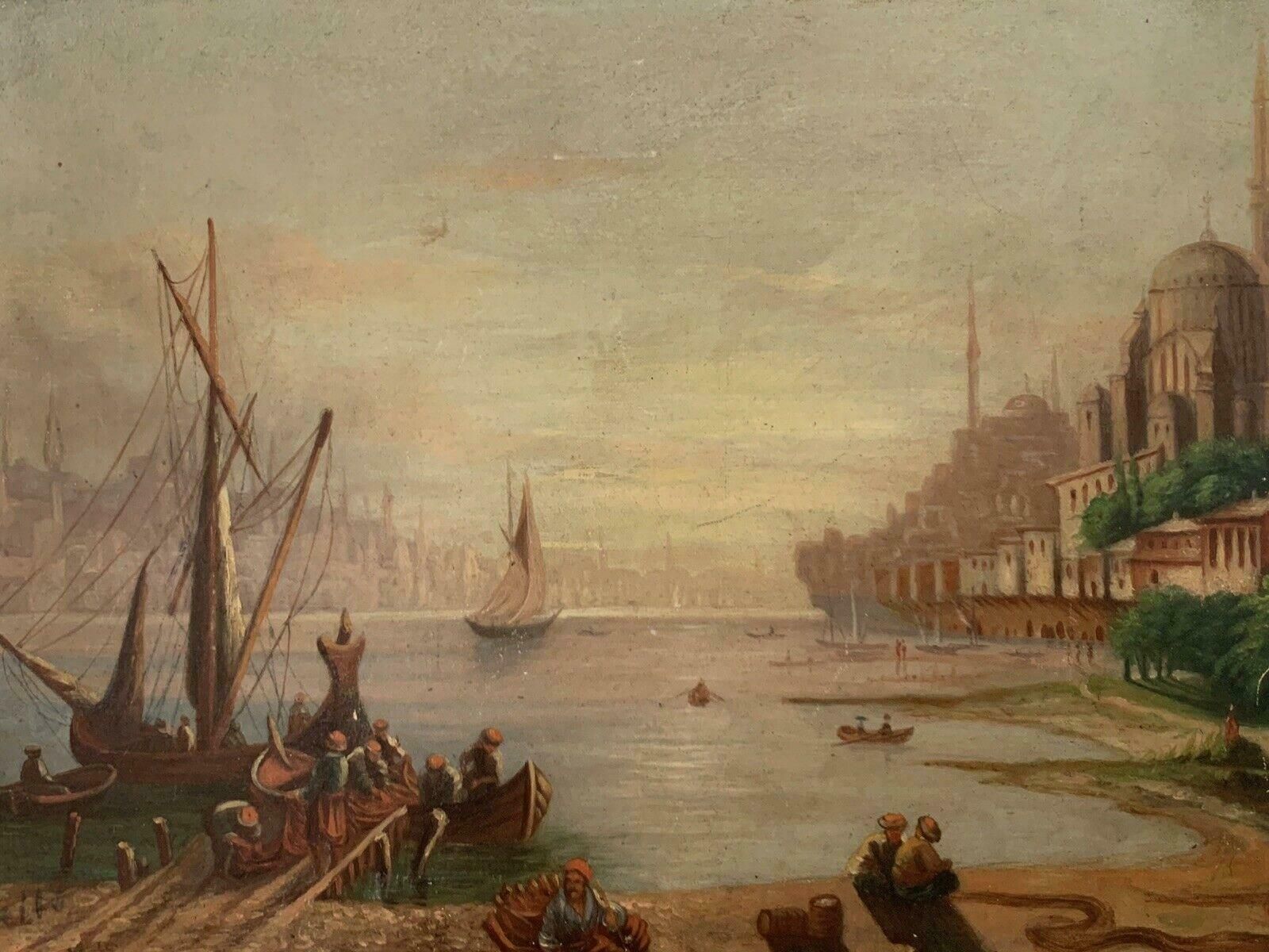 Unknown19th Century European Oil On Wood Panel   Busy Merchant Shipping Sunset Scene19th Century
