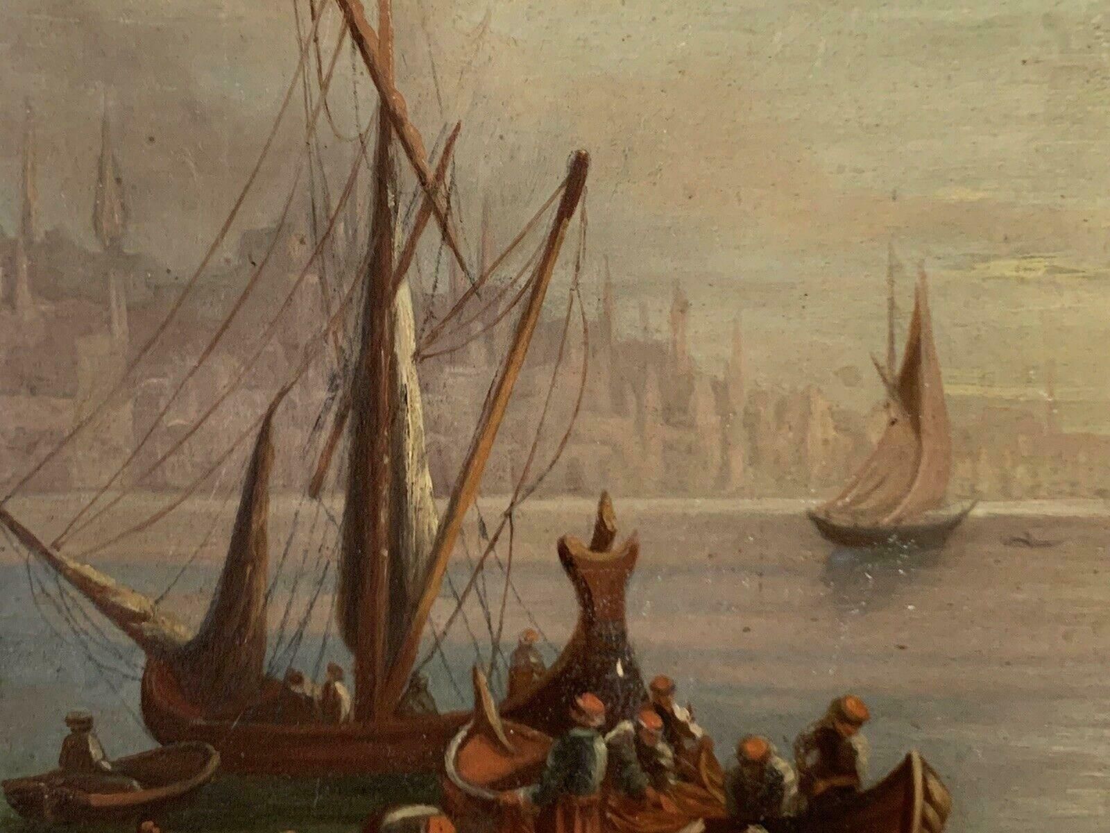 Unknown19th Century European Oil On Wood Panel   Busy Merchant Shipping Sunset Scene19th Century photo for sale