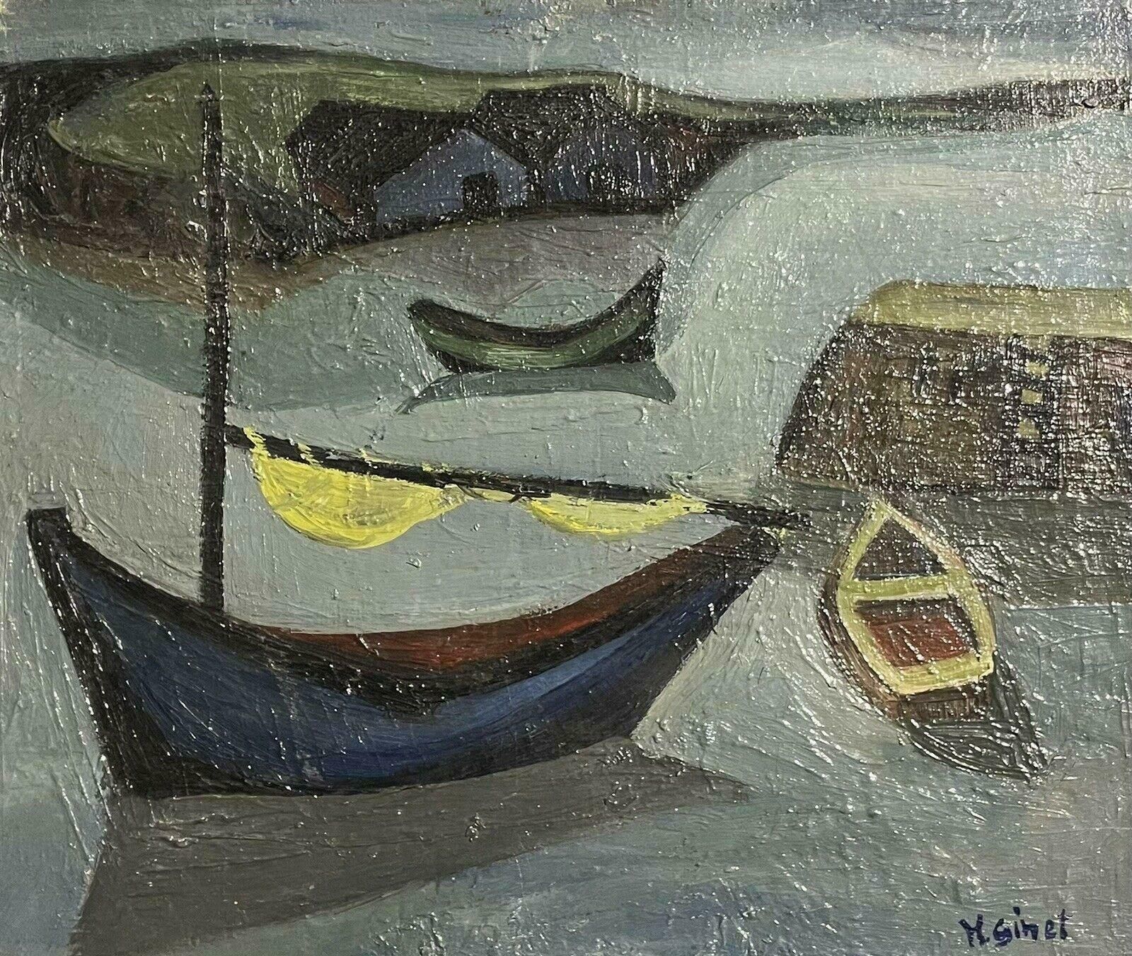 Unknown1950's French Mid 20th Century Signed Modernist Oil Boats In A Harbourc. 1950's