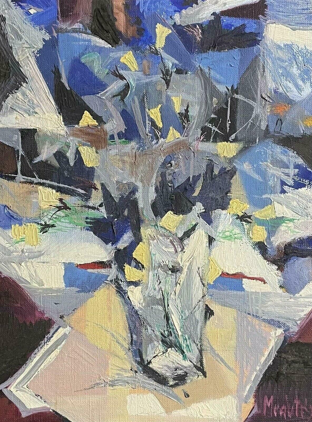 French Cubist1970's French Cubist Abstract Oil Painting Signed, Blue & White Flowers In Vase1970's