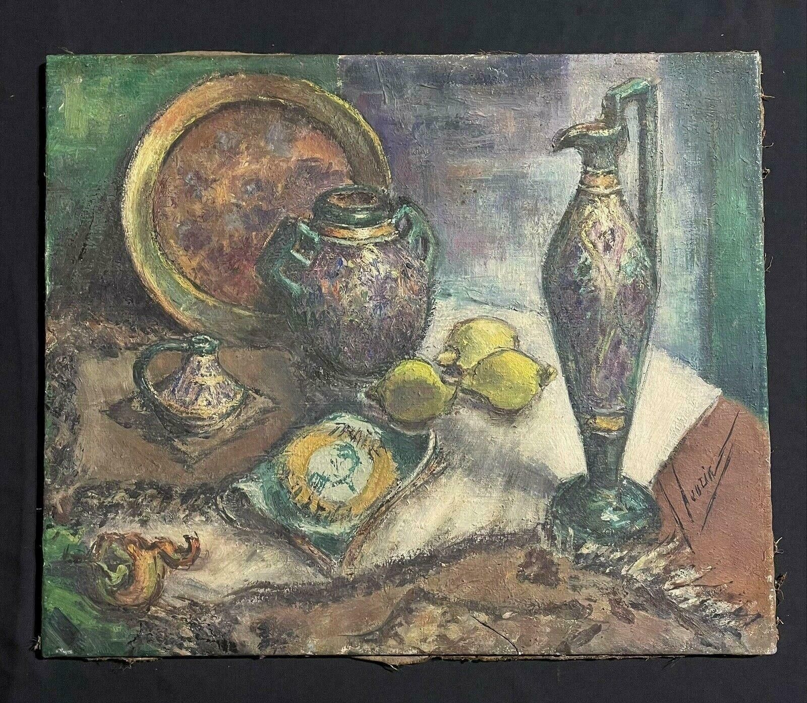 Unknown1940's French Still Life Post Impressionist Signed Oil Still Life Lemons Etc photo furniture