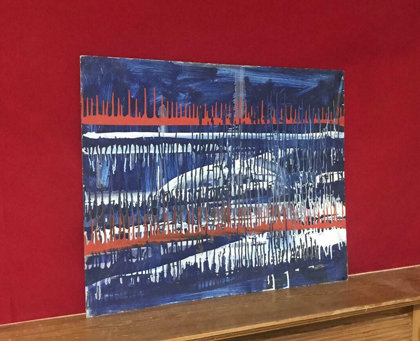 Unknown1980's French Abstract Painting   Drip Work On Large Panel   Red White Bluec. 1990's photo 357.0