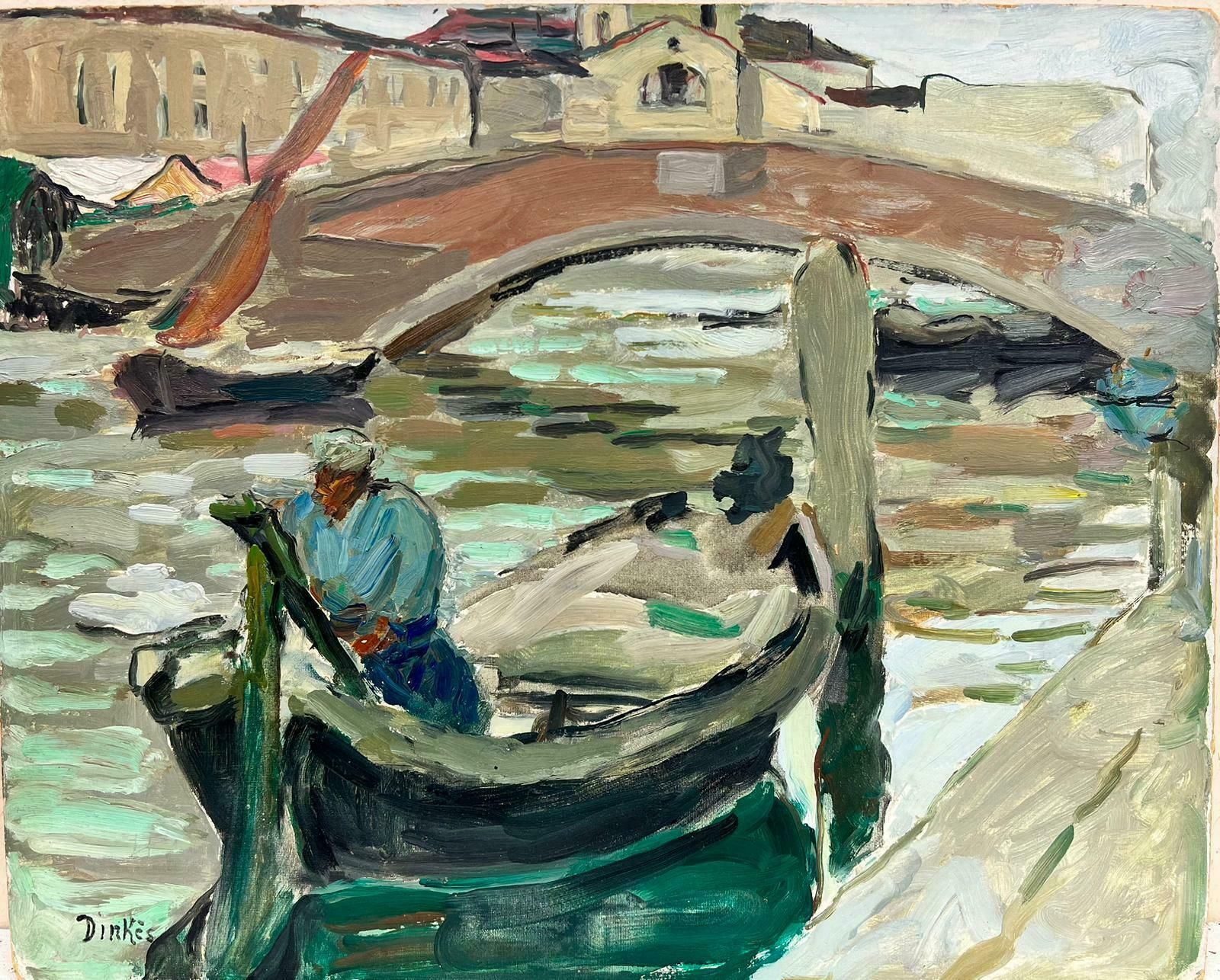 Suzanne Dinkes1950's Post Impressionist French Oil Man In Gondola Venice Tranquil Canal, Oil 1950's