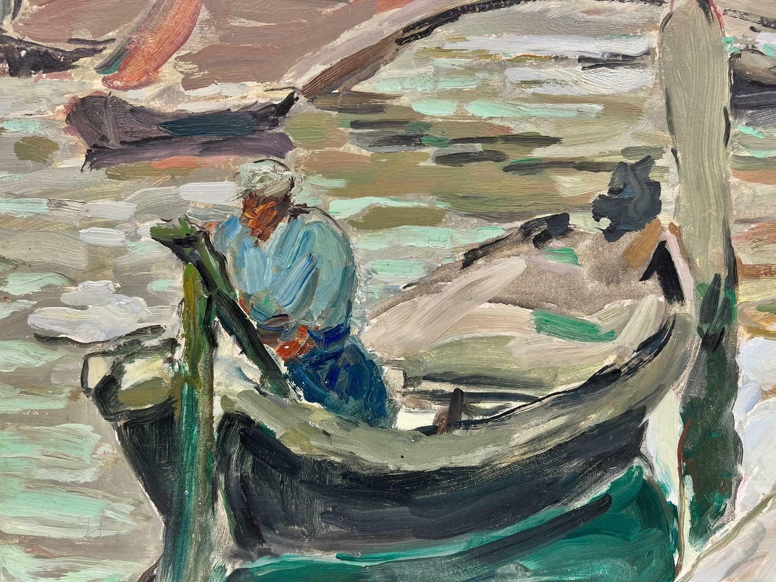 Suzanne Dinkes1950's Post Impressionist French Oil Man In Gondola Venice Tranquil Canal, Oil 1950's photo for sale