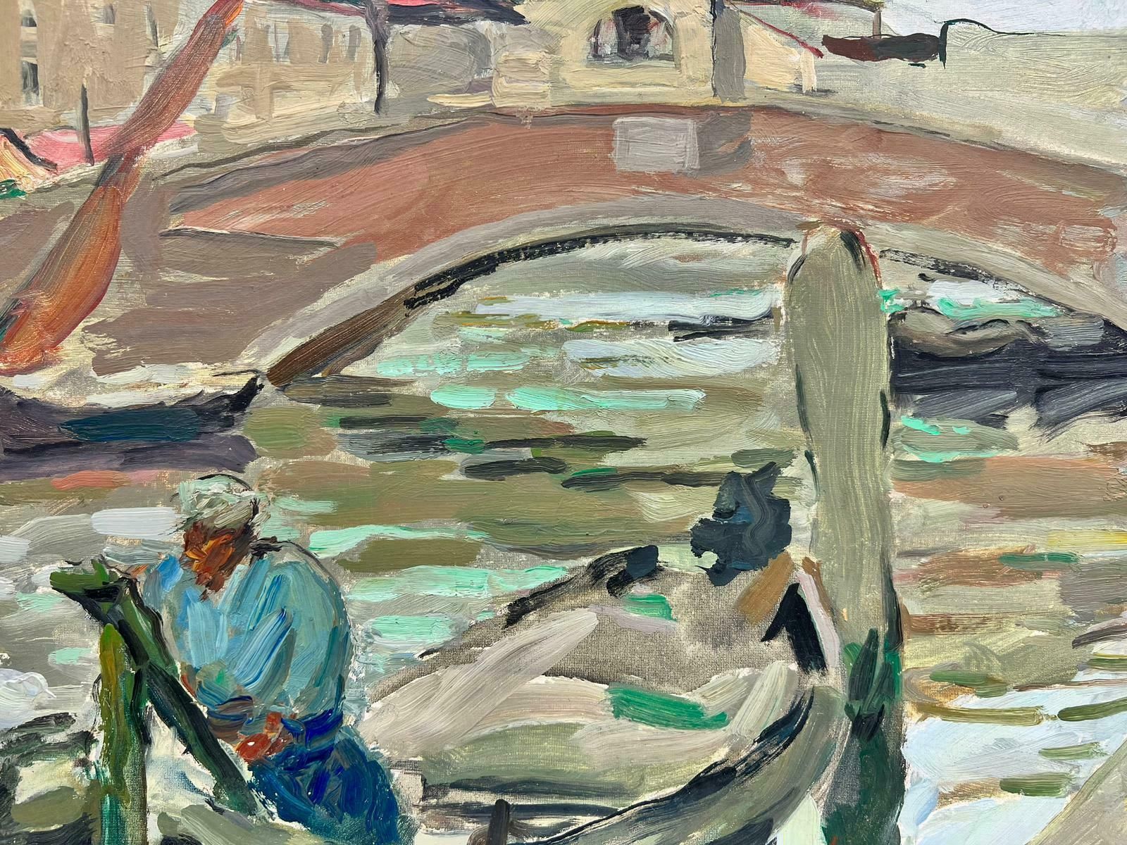 Suzanne Dinkes1950's Post Impressionist French Oil Man In Gondola Venice Tranquil Canal, Oil 1950's photo Art