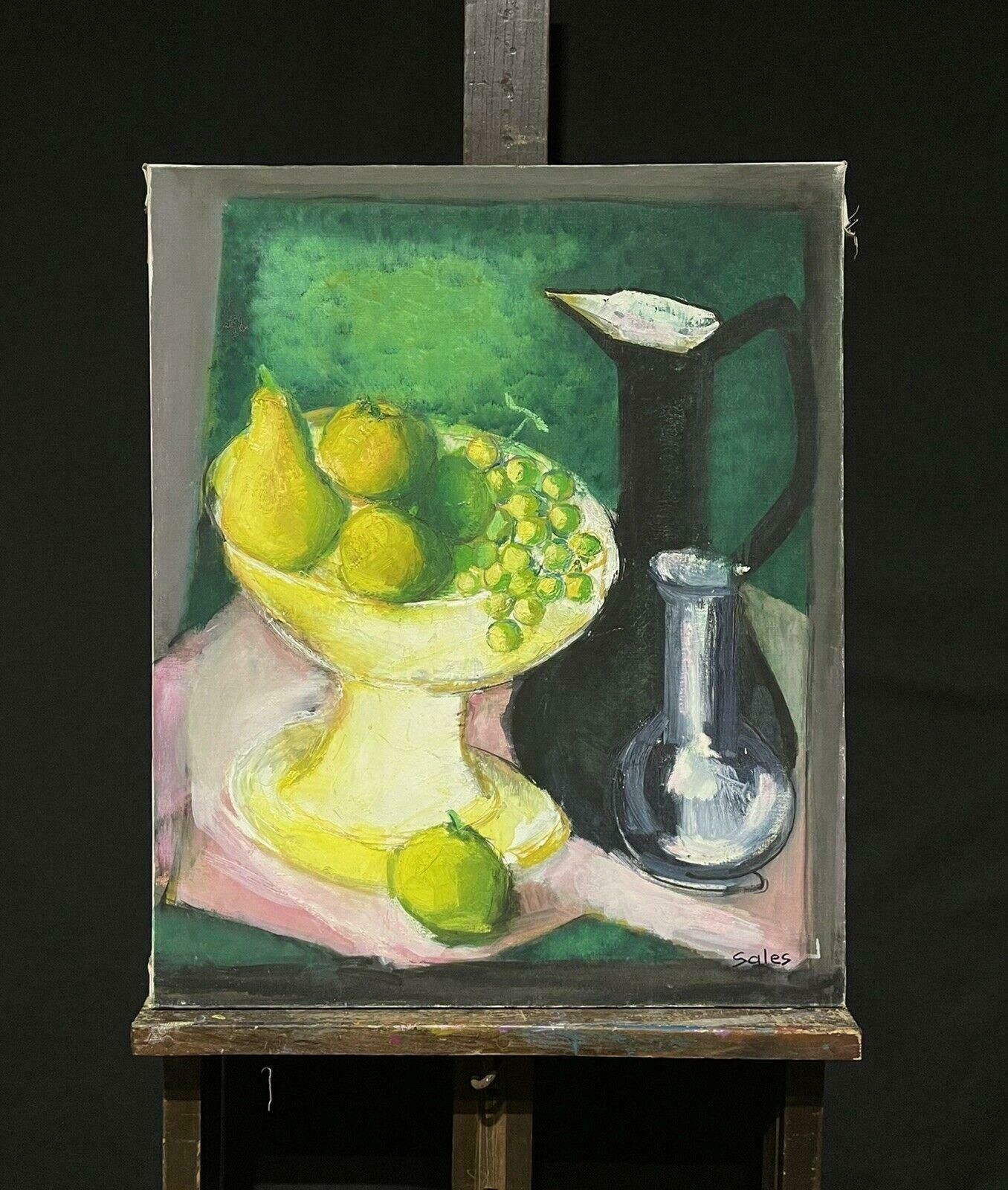 Robert Saleslarge 1970's French Modernist Signed Oil Beautiful Still Life Fruit & Colors photo furniture