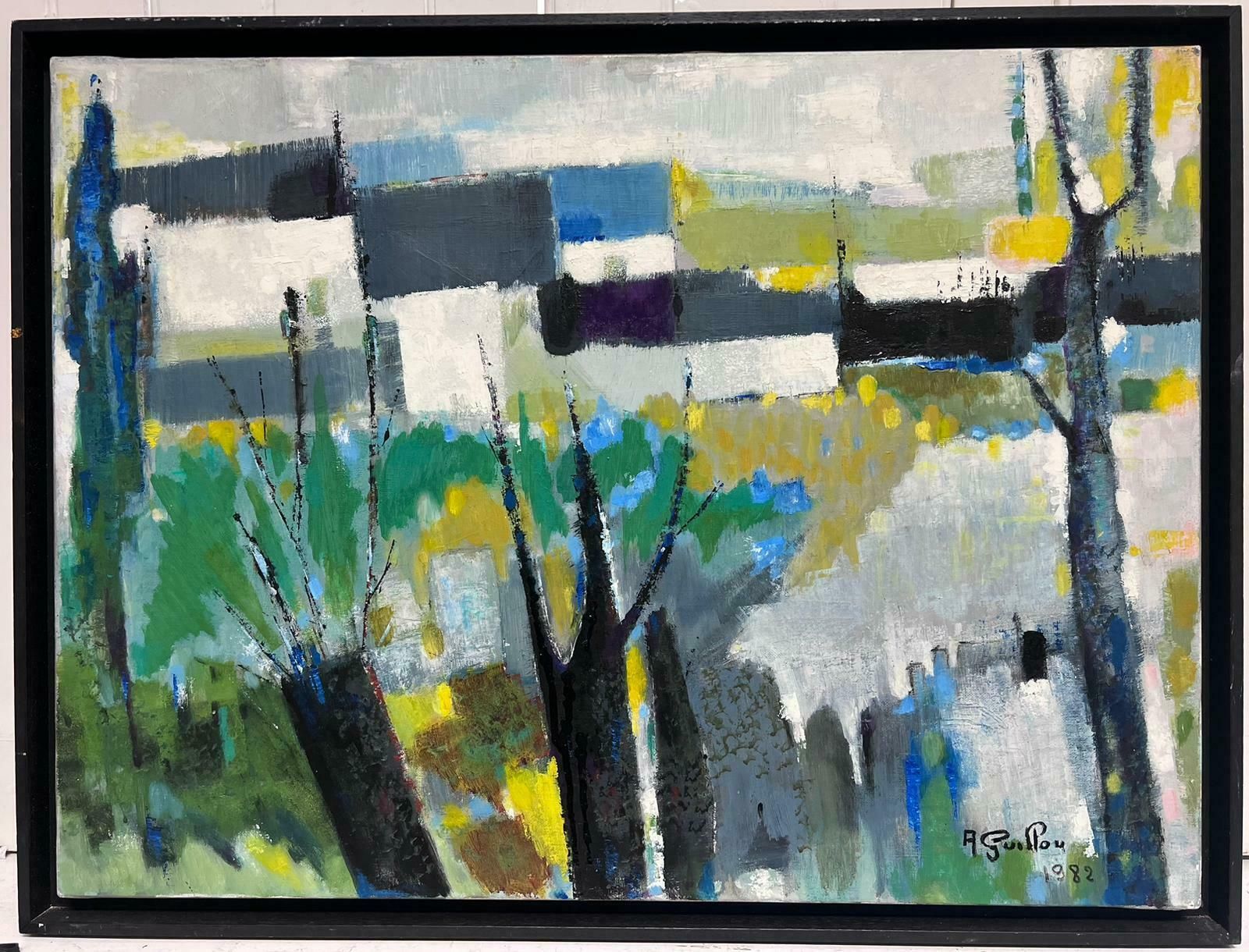 Andre Guillou1980's French Modernist Signed Oil Abandoned Village Cubist Houses In Landscape1982 photo furniture