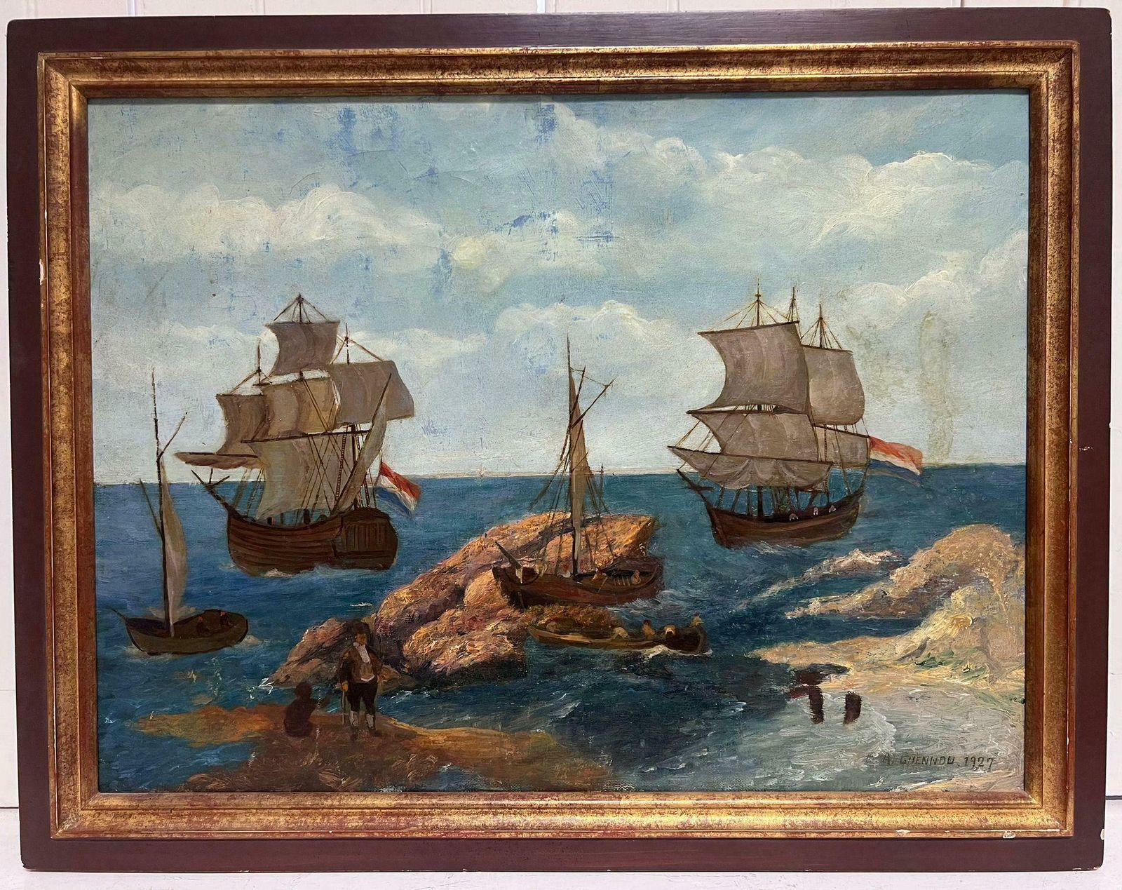 French School1920's French Signed Oil Old Naval Tall Sailing Ships At Sea Rocky Coastline photo furniture