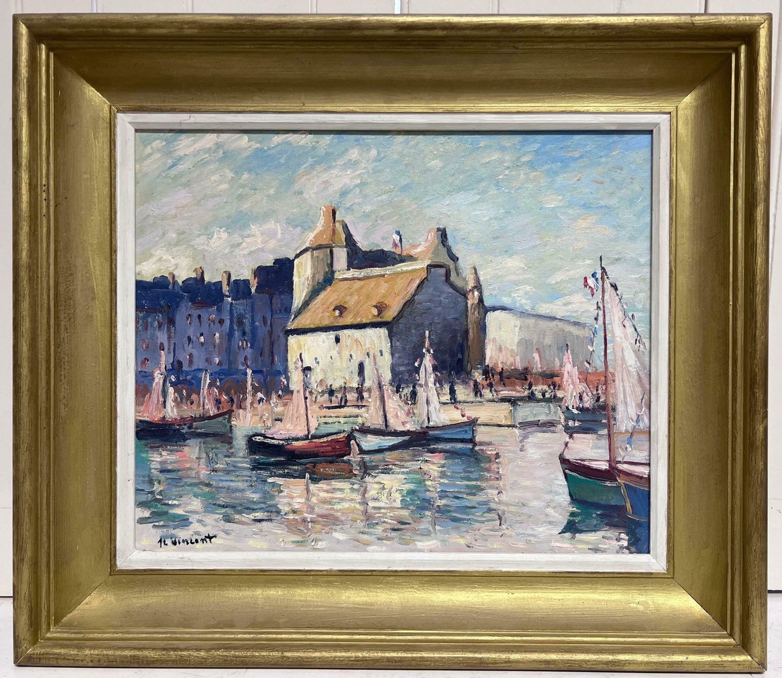French Schoolhonfleur Harbour Vintage French Signed Oil Painting Framed