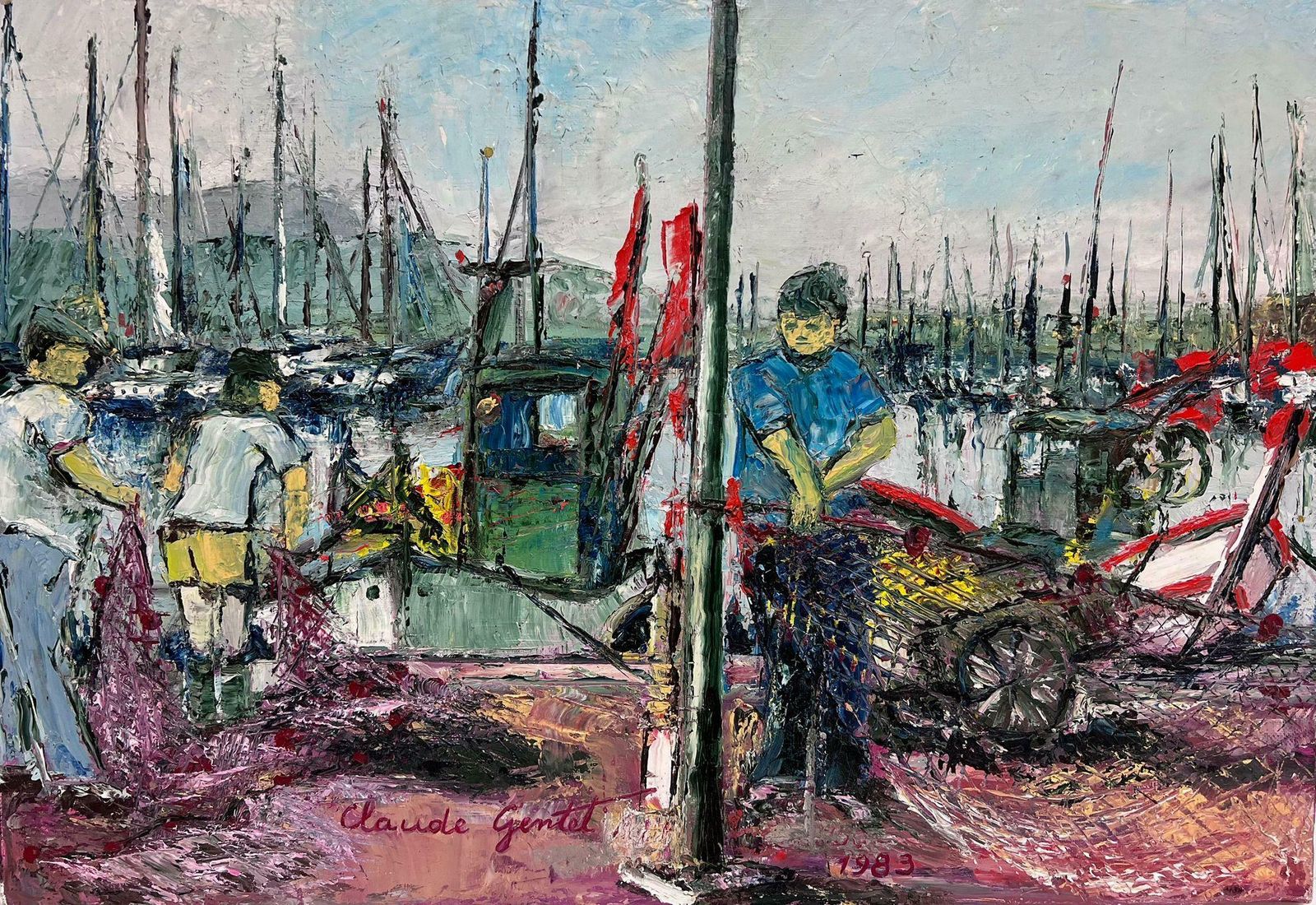 French Modernistfisherman On Quay Tending His Nets Signed French Modernist Expressionist Oil