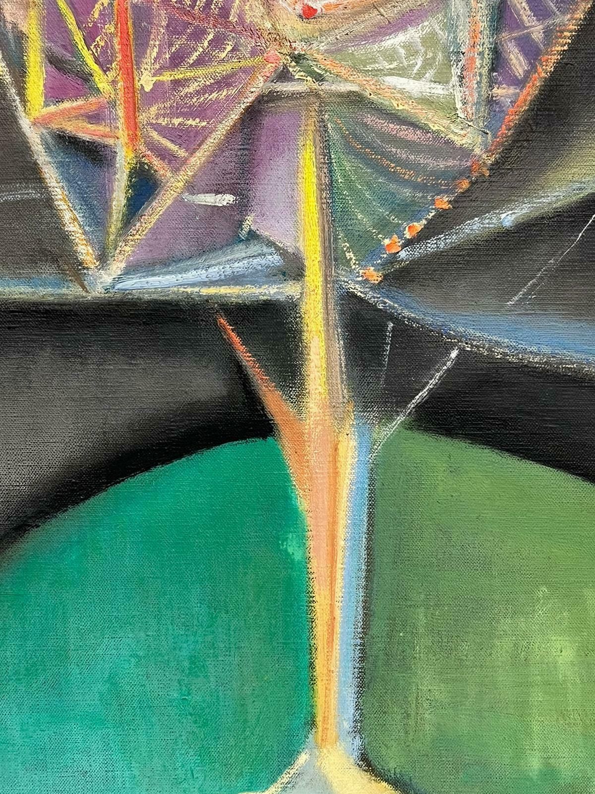 T. Fabris1970’s French Surrealist Signed Oil Painting Green Abstract Composition1970's photo for sale