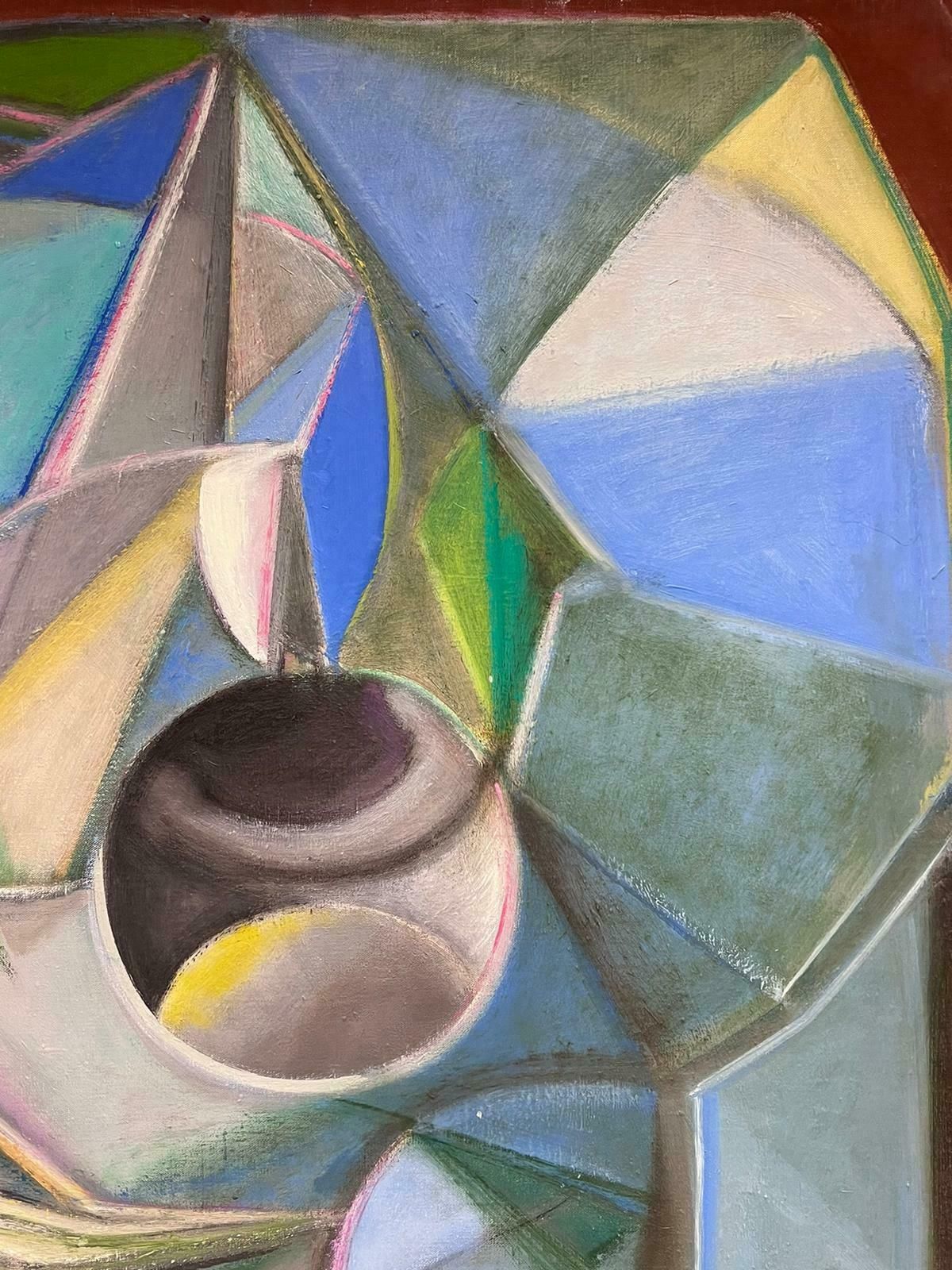 T. Fabris1970’s French Surrealist Signed Oil Painting Abstract Cubist Shapes Patterns1979 photo Art