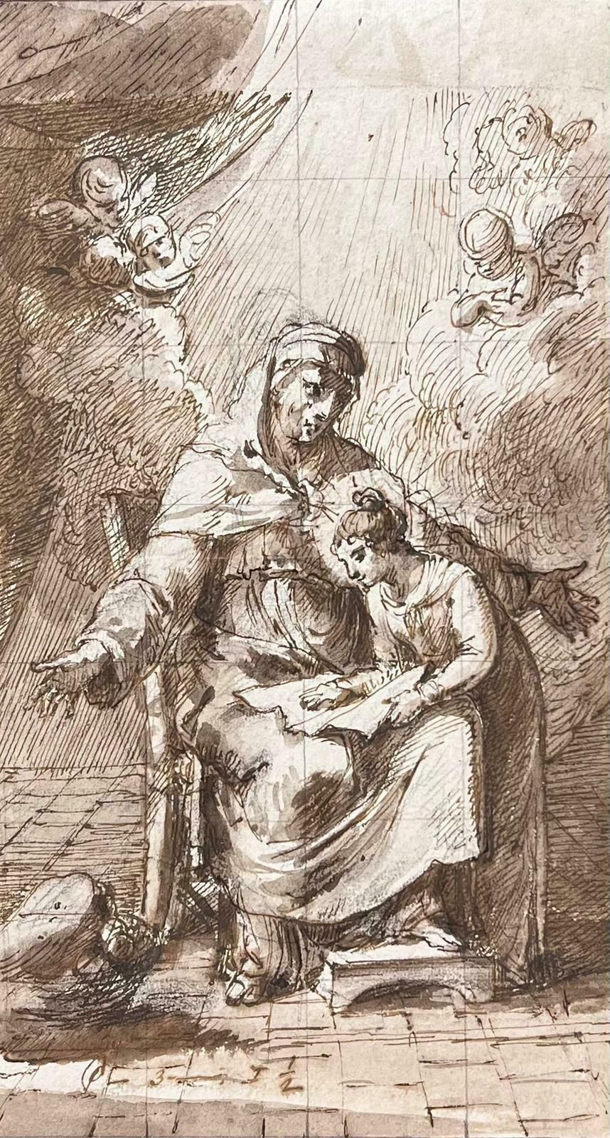 French Schoolitalian Old Master Ink & Wash Drawing St. Anne & The Virgin Mary With Cherubs photo furniture