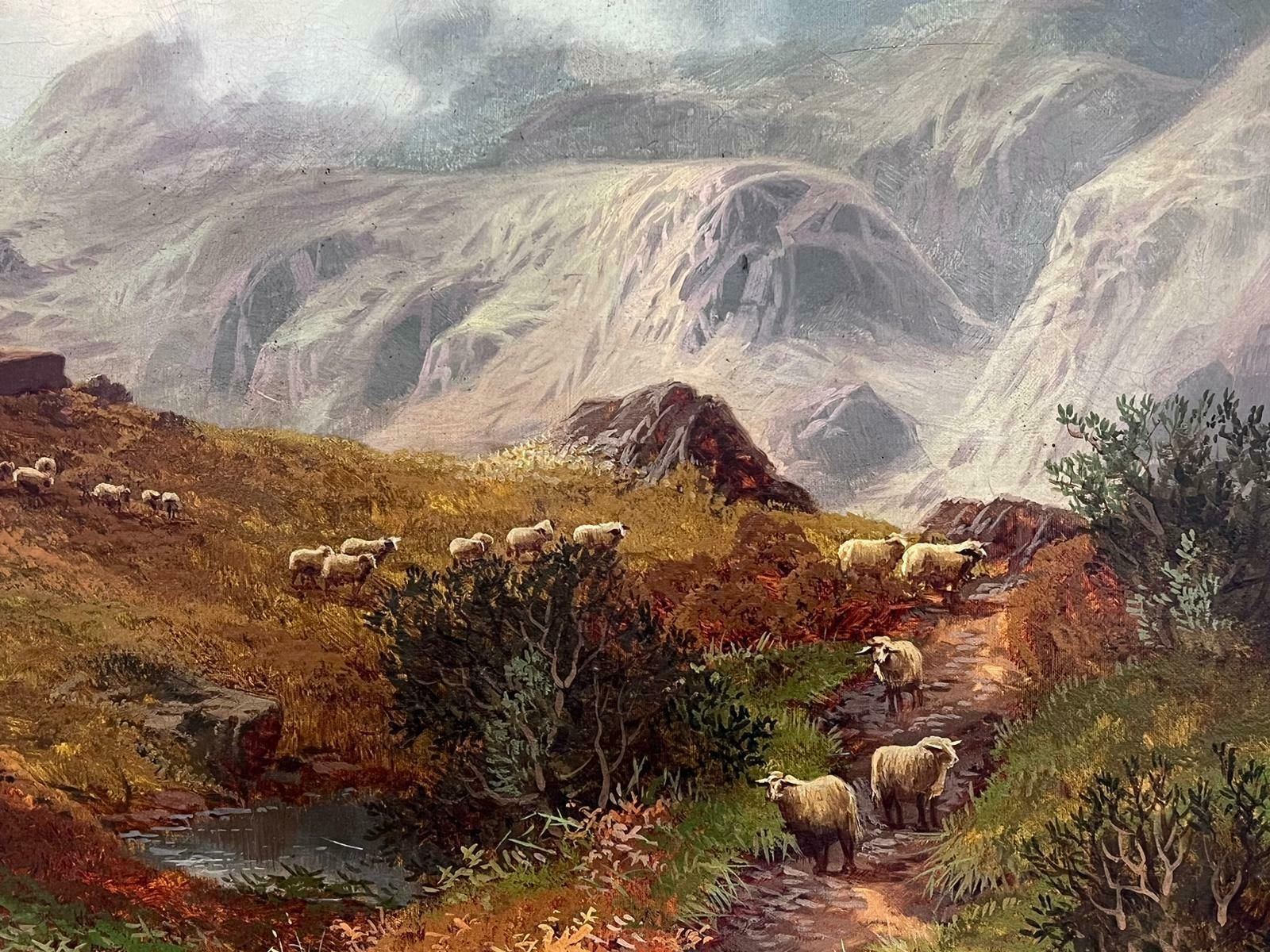 Scottish Victorianlarge Victorian Scottish Oil Painting Glencoe Mountains With Shepherd & Sheep photo for sale